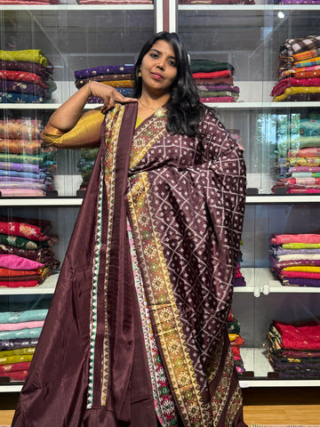 IKKAT WEAVING SAREE WITH TISSUE BORDER: CHOCLATE BROWN