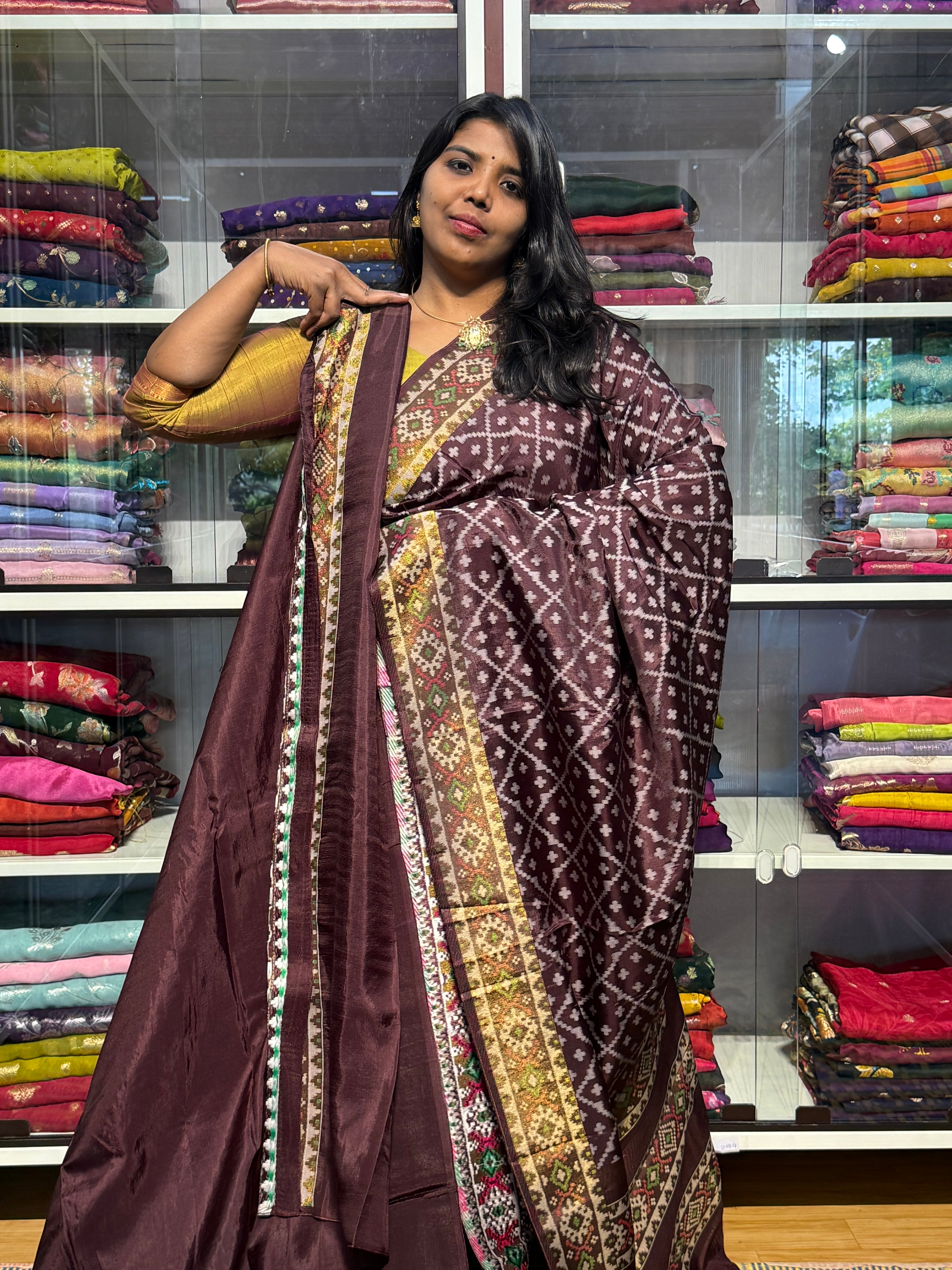 IKKAT WEAVING SAREE WITH TISSUE BORDER: CHOCLATE BROWN
