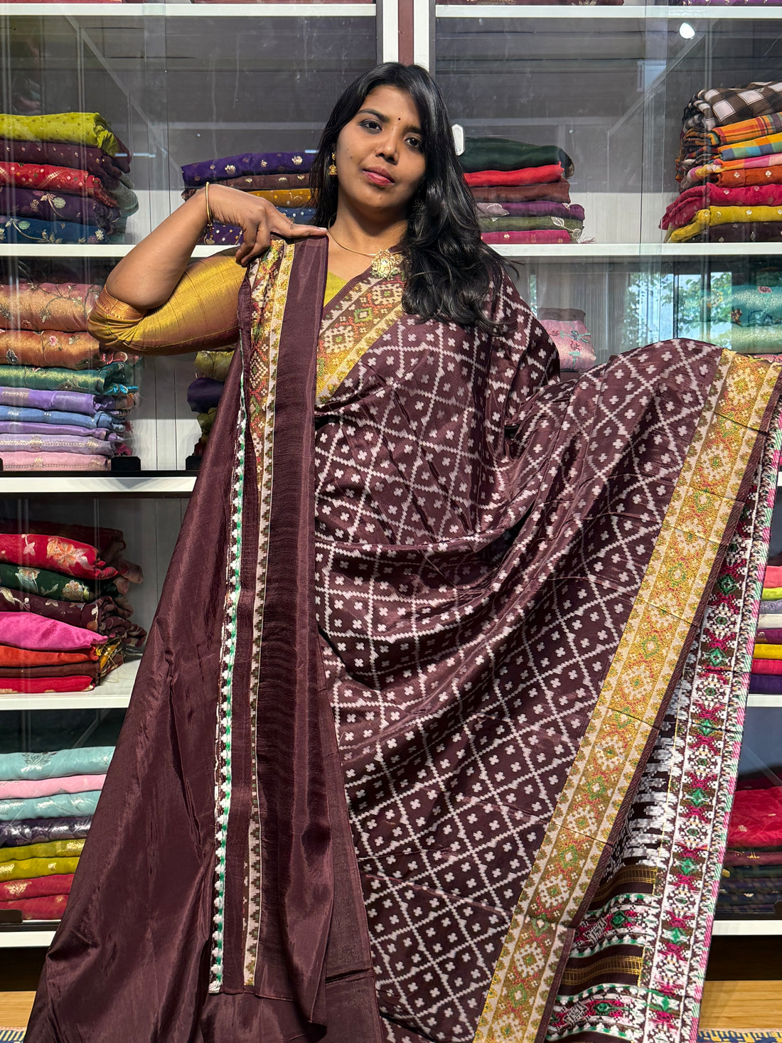IKKAT WEAVING SAREE WITH TISSUE BORDER: CHOCLATE BROWN