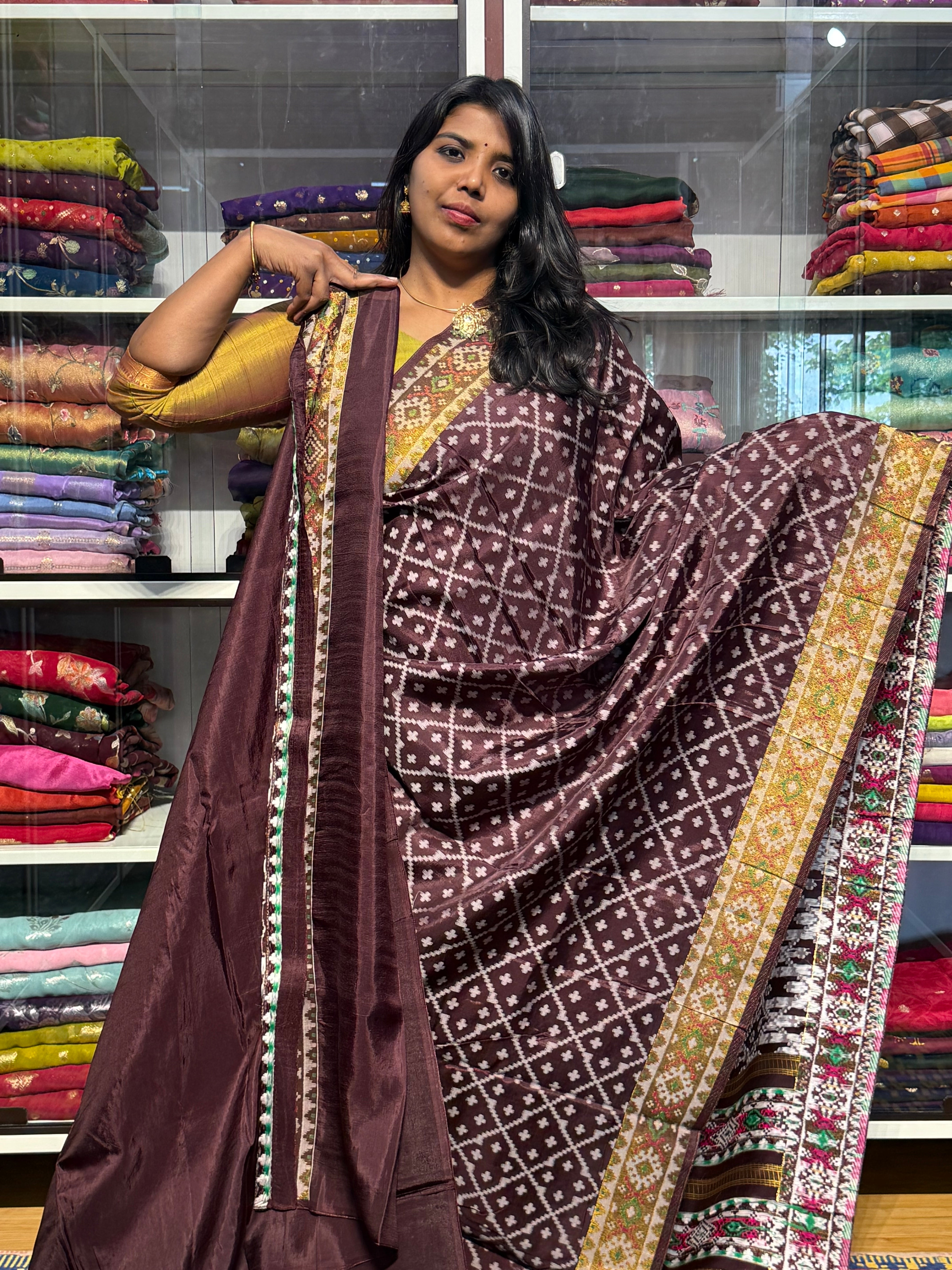 IKKAT WEAVING SAREE WITH TISSUE BORDER: CHOCLATE BROWN
