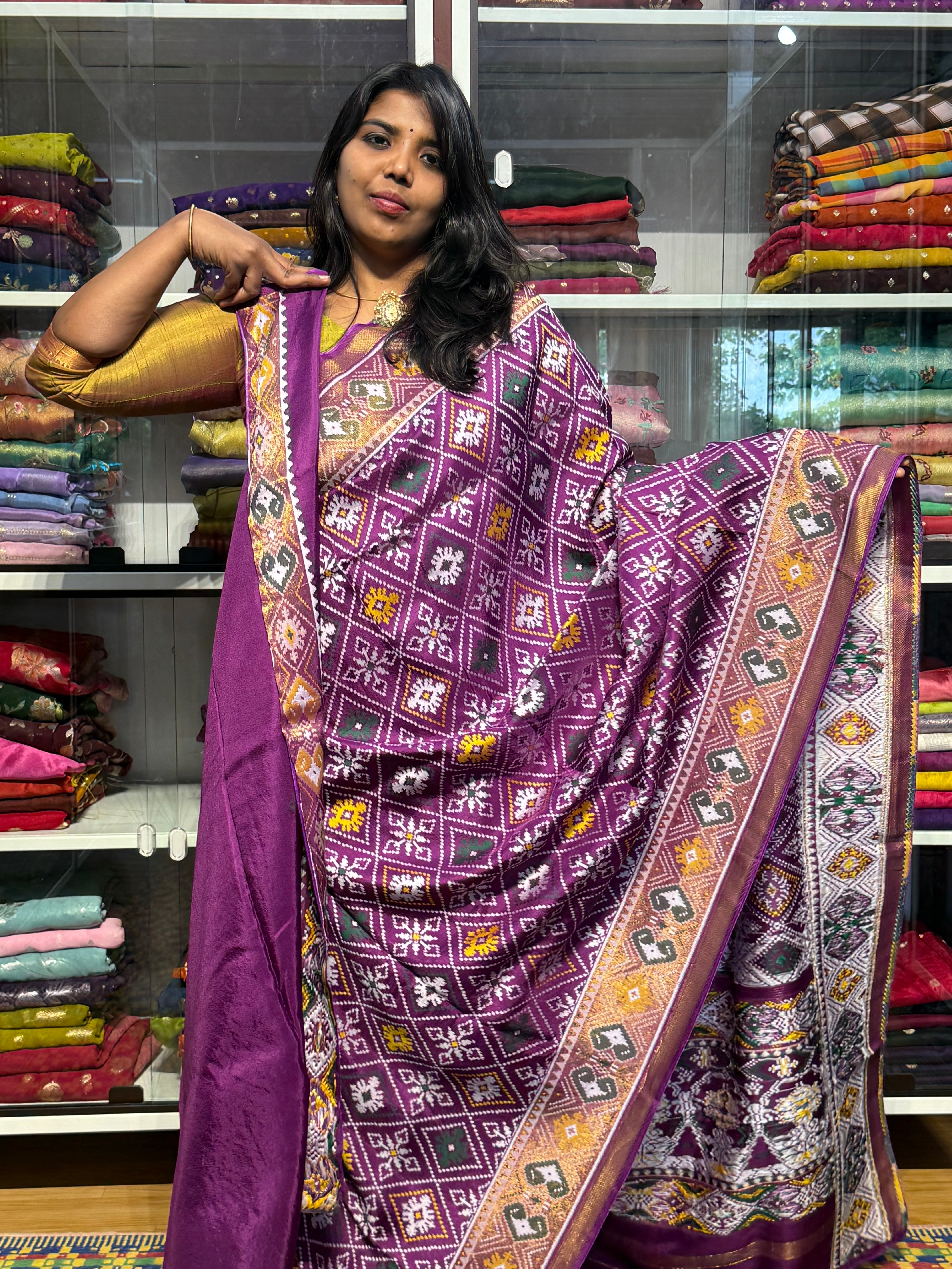 IKKAT WEAVING SAREE WITH TISSUE BORDER: PURPLE