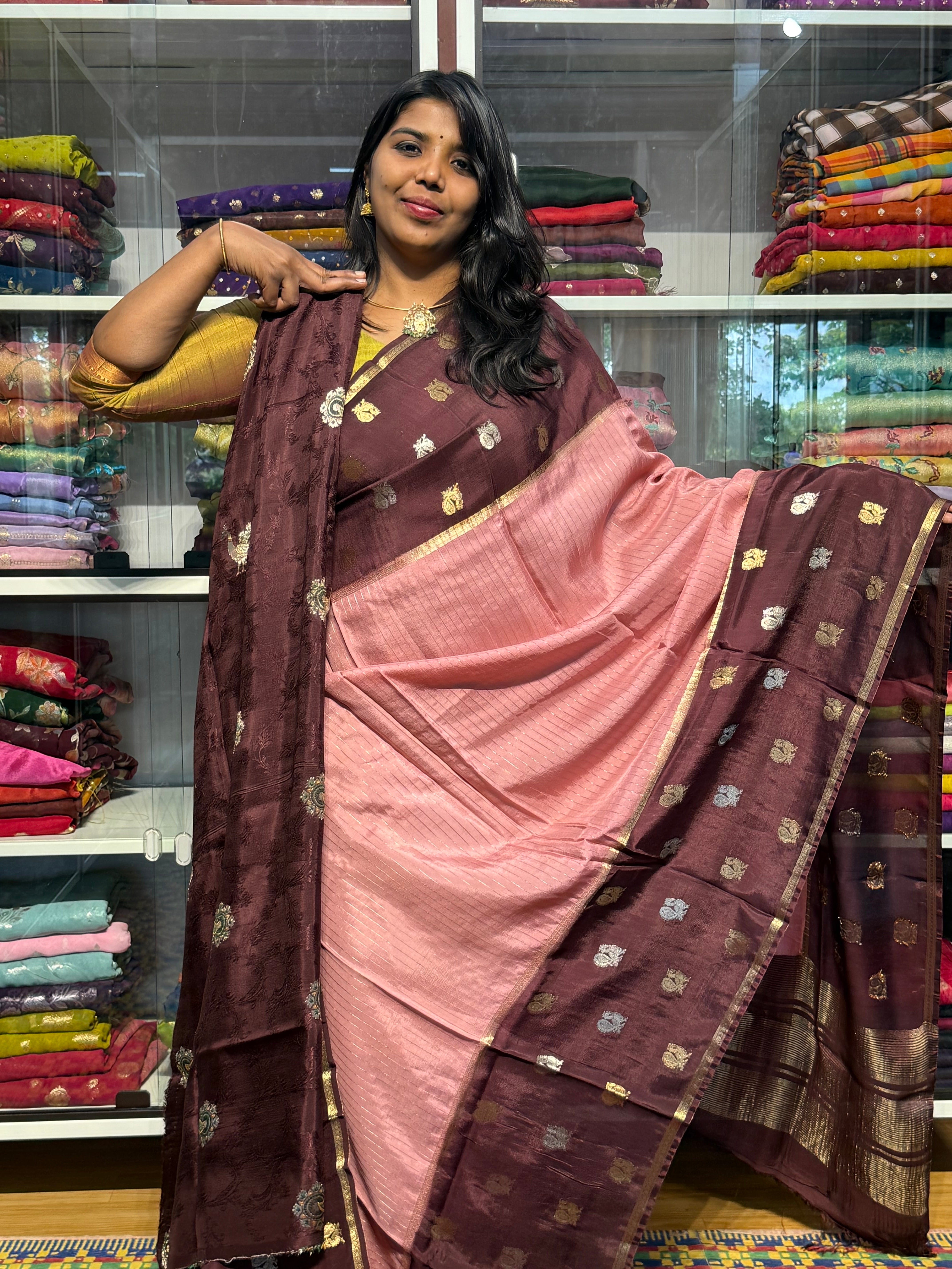 MYSORE SILK SAREE WITH STRIPES PATTERN: PEACH
