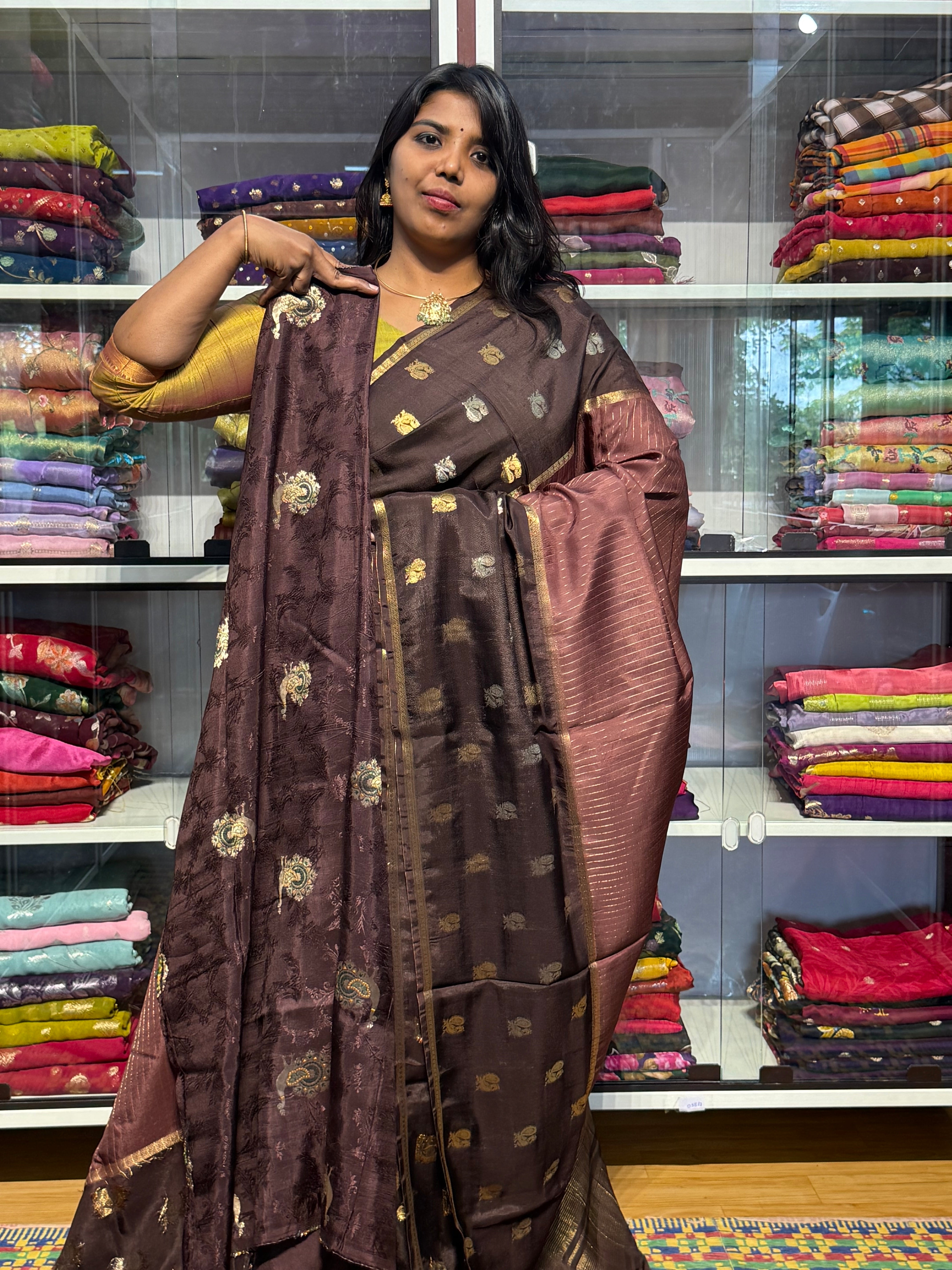 MYSORE SILK SAREE WITH STRIPES PATTERN: BROWN