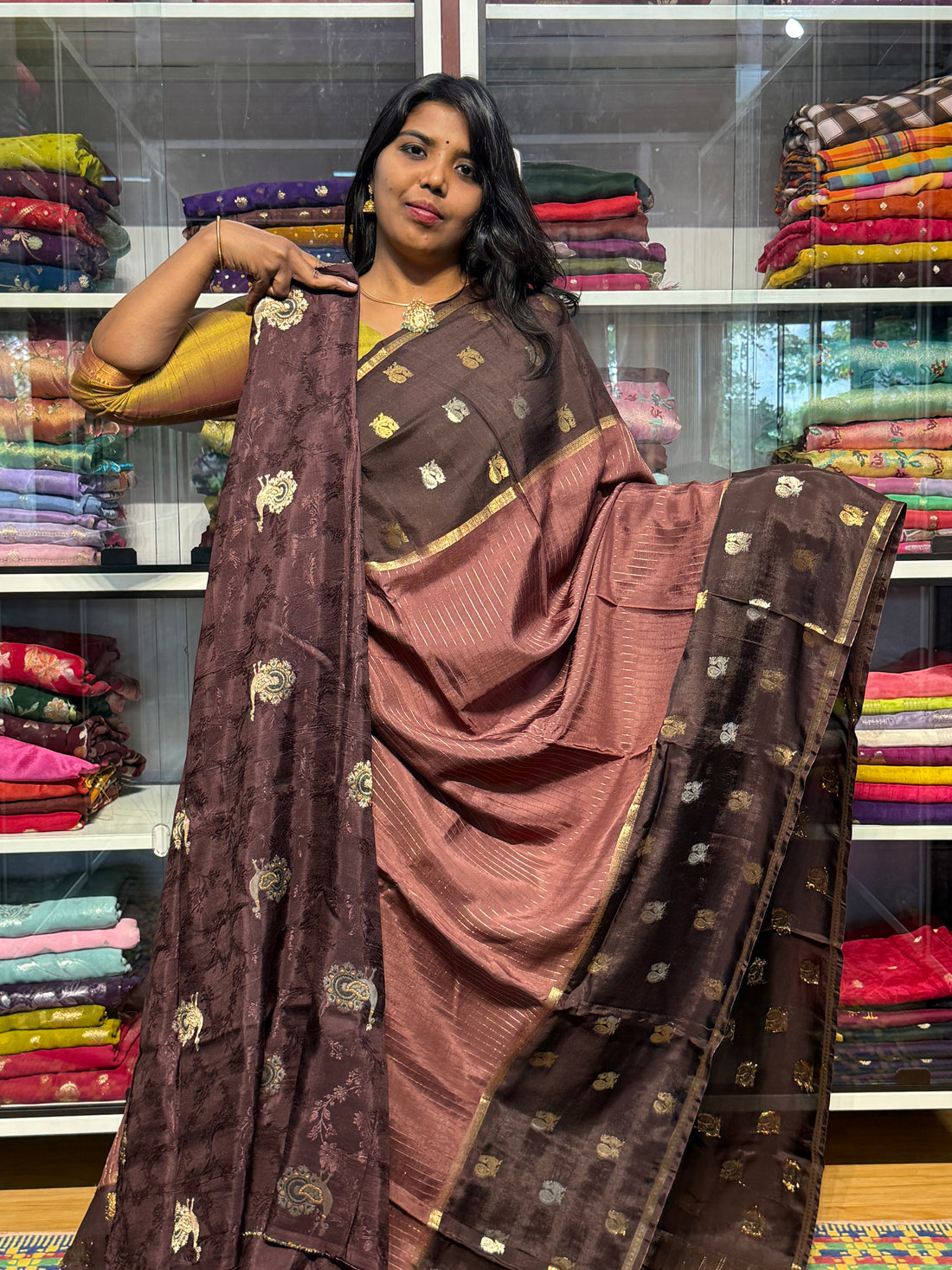 MYSORE SILK SAREE WITH STRIPES PATTERN: BROWN