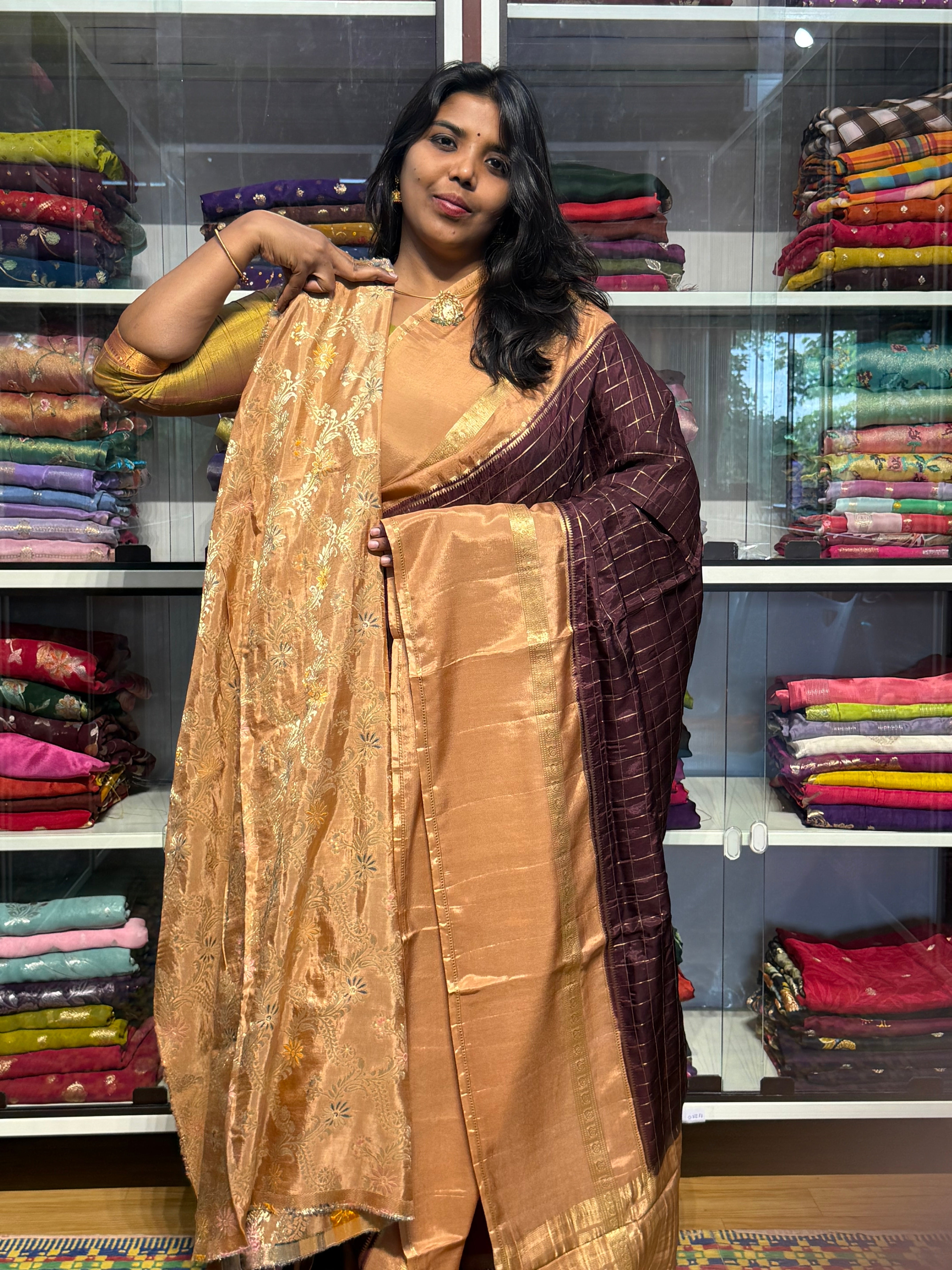 BUTTER MYSORE CREPE SILK SAREEE WITH VINTAGE CHECKS: CHOCLATE BROWN