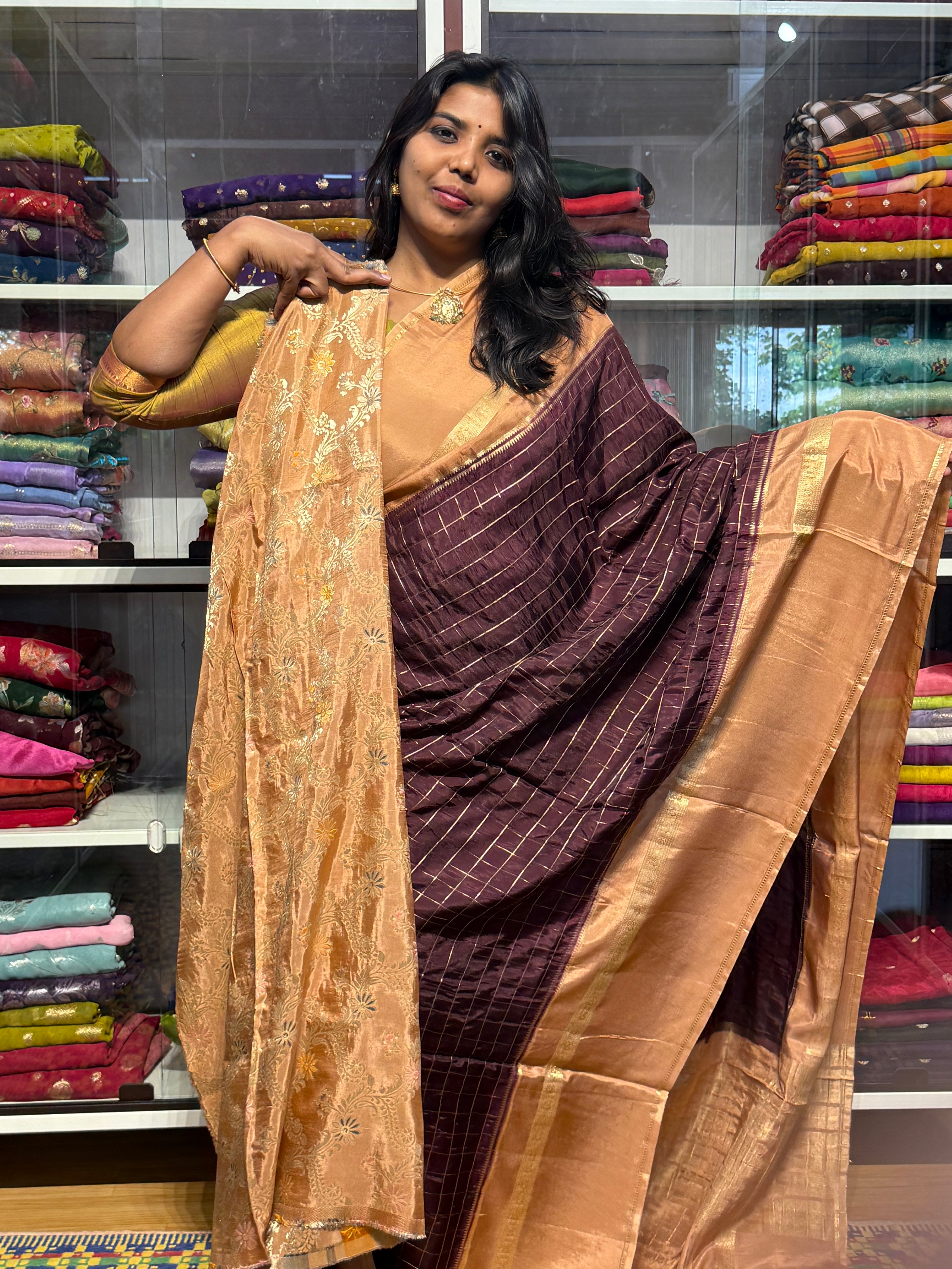 BUTTER MYSORE CREPE SILK SAREEE WITH VINTAGE CHECKS: CHOCLATE BROWN