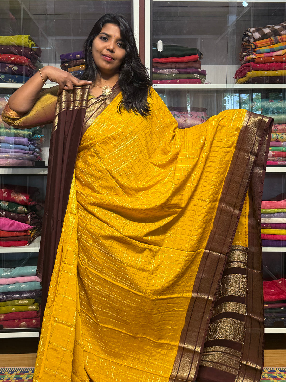 MYSORE CREPE SILK WITH VINTAGE CHECKS: YELLOW