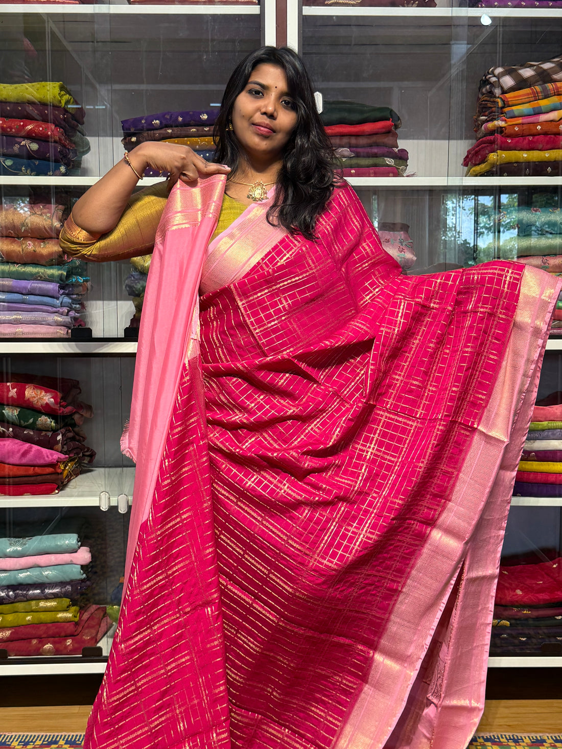 MYSORE CREPE SILK WITH VINTAGE CHECKS:PINK