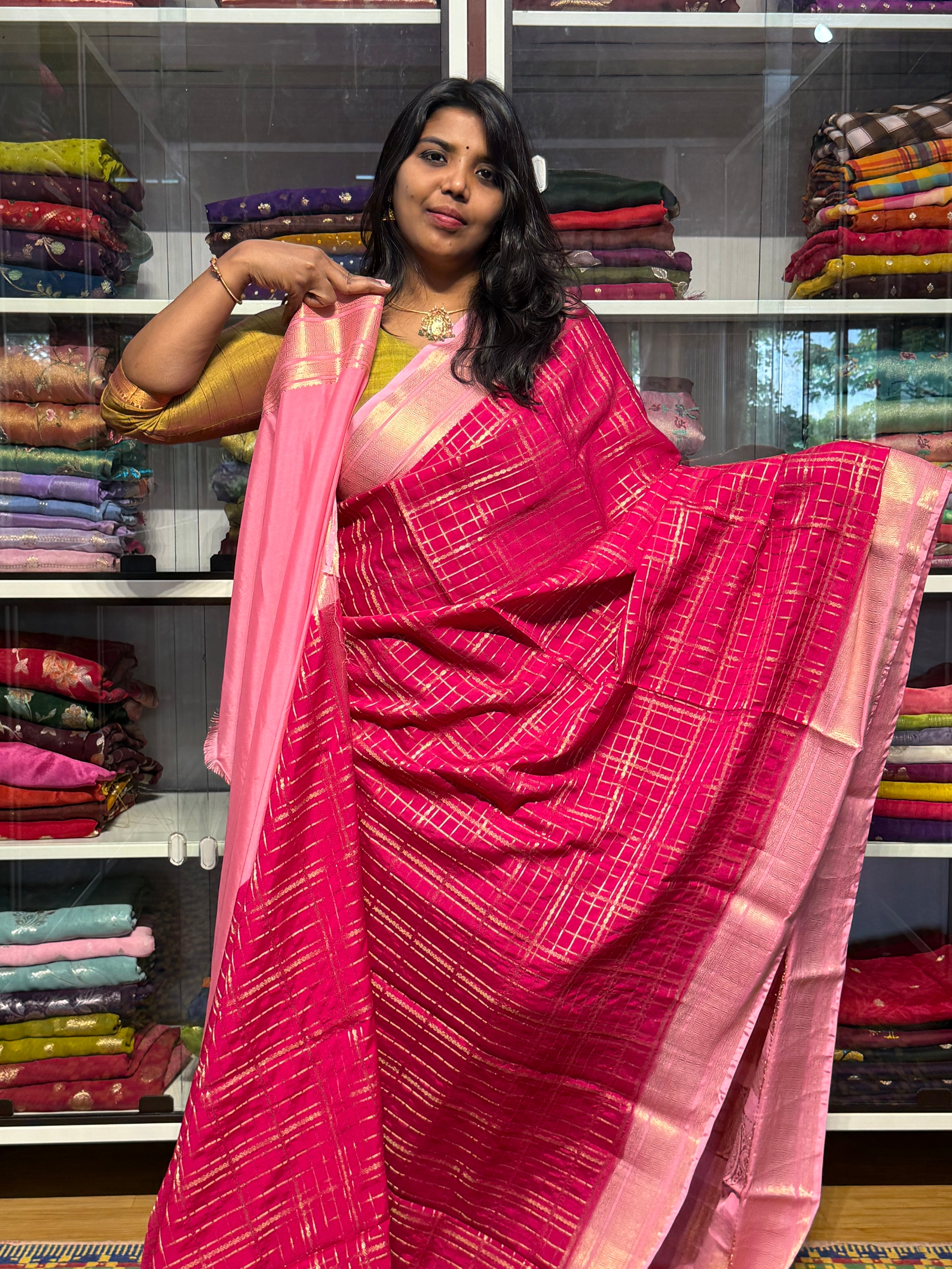 MYSORE CREPE SILK WITH VINTAGE CHECKS:PINK