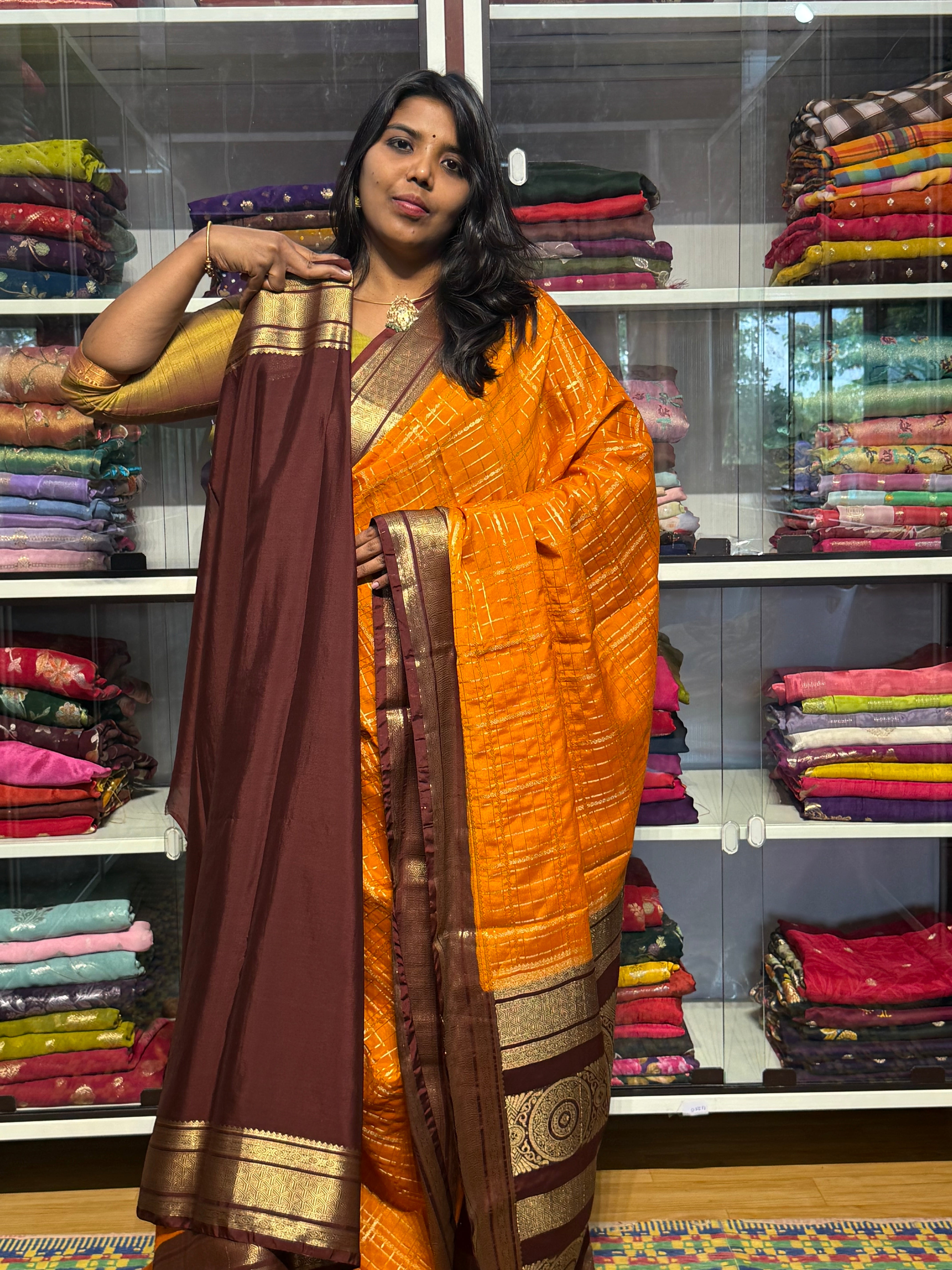 MYSORE CREPE SILK WITH VINTAGE CHECKS : MANGO YELLOW