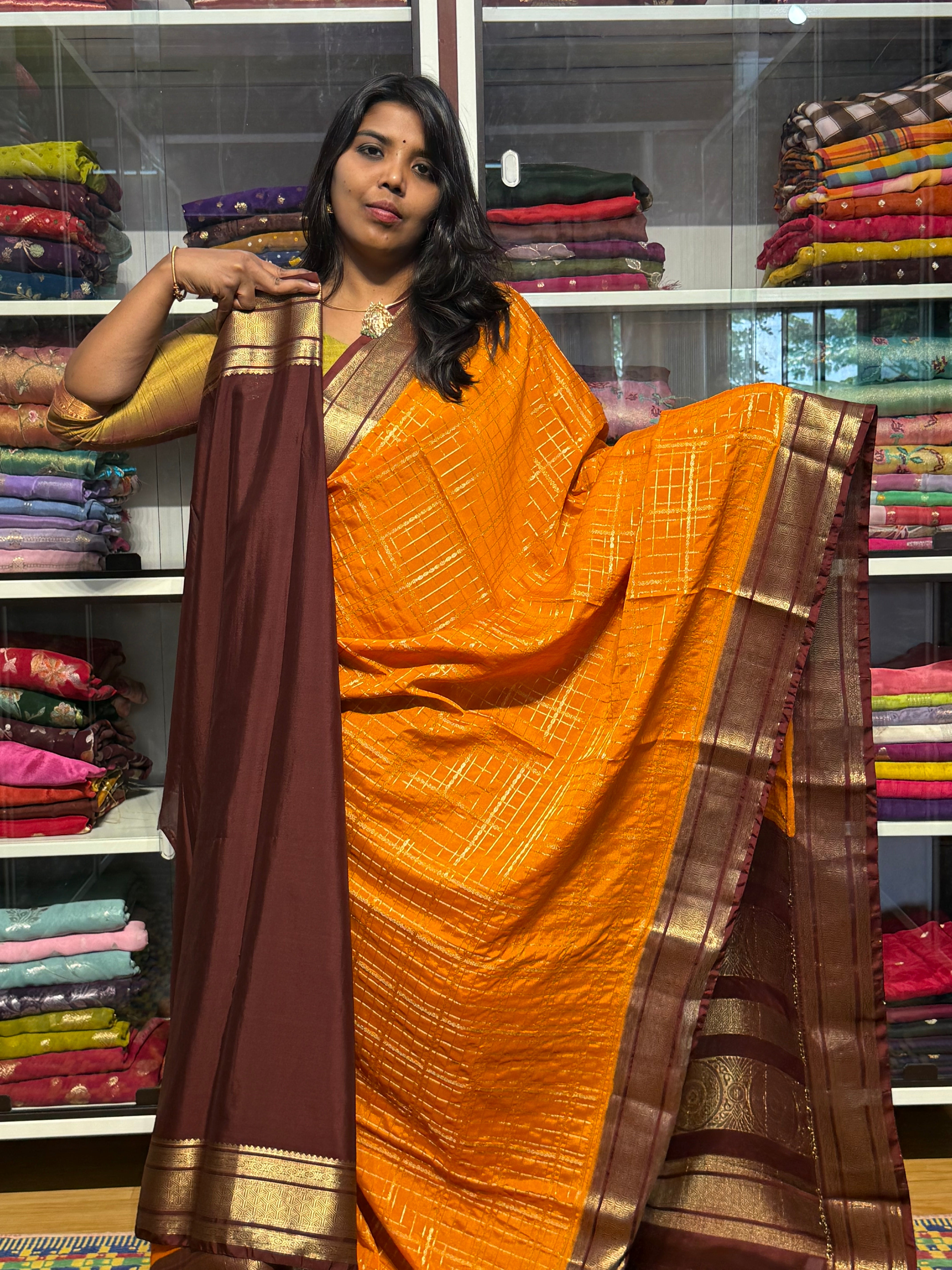 MYSORE CREPE SILK WITH VINTAGE CHECKS : MANGO YELLOW