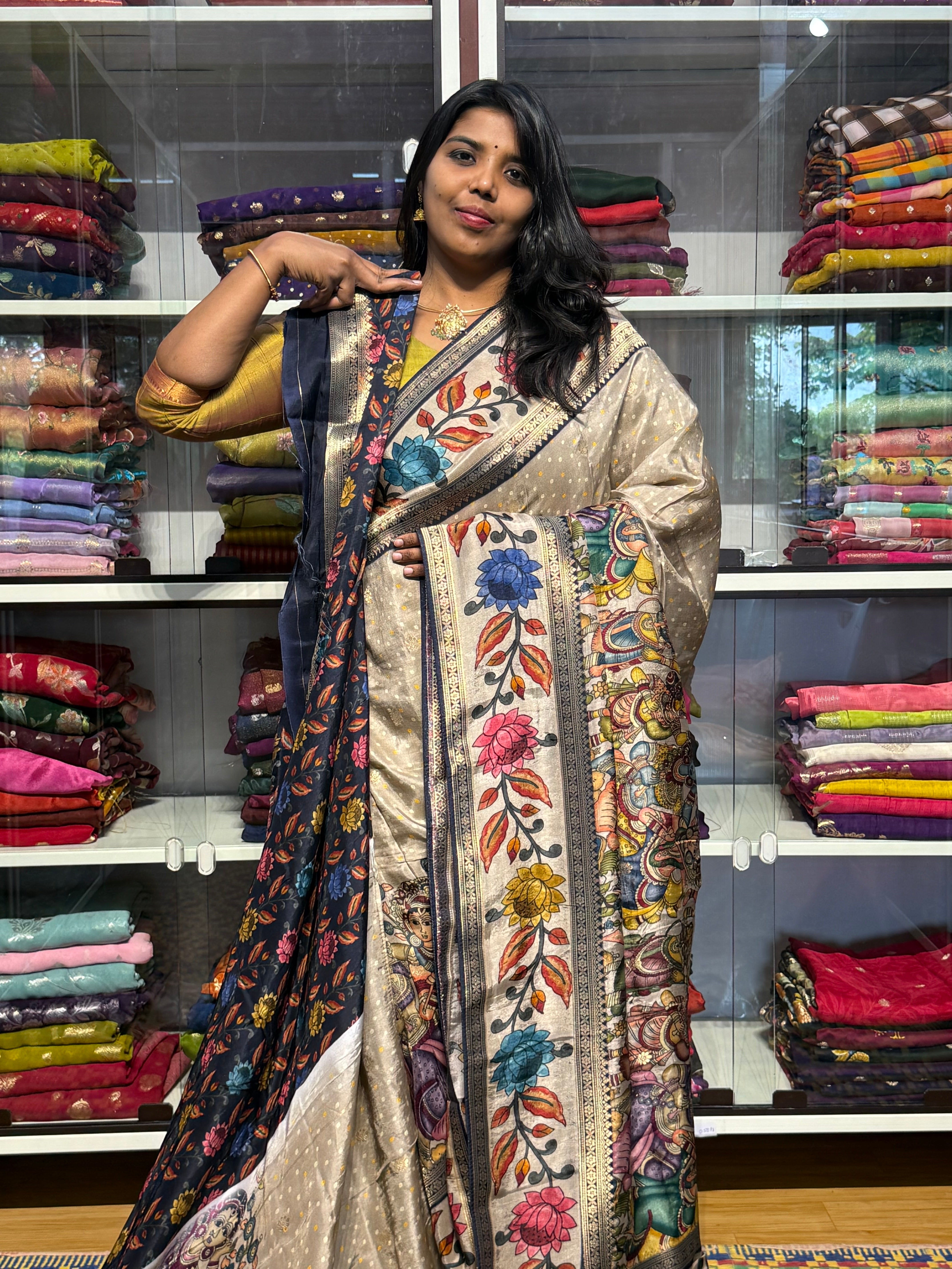 PENKALAMKARI DIGITAL PRINT ON PRE MUNGA SILK SAREE: BEIGE