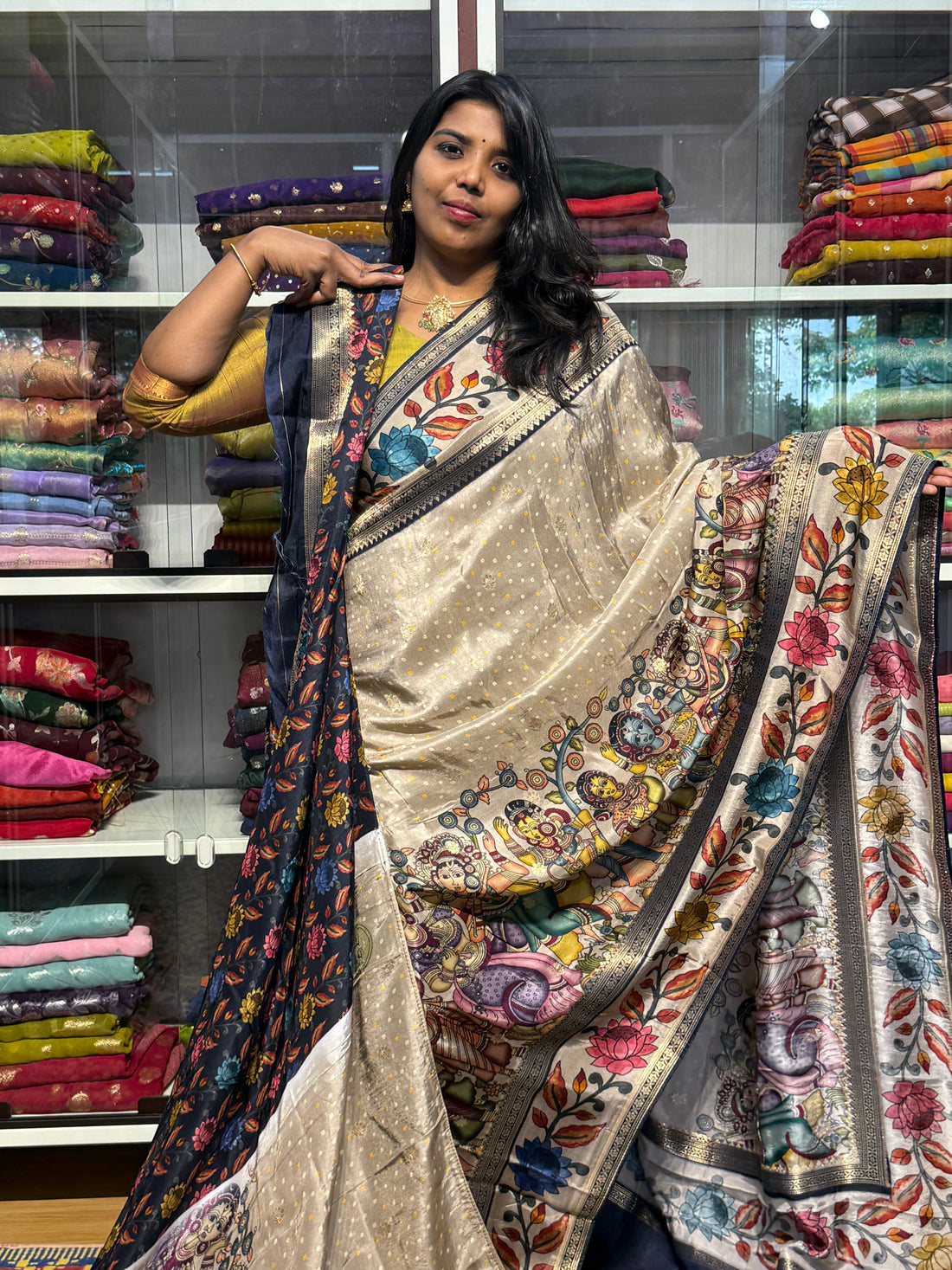 PENKALAMKARI DIGITAL PRINT ON PRE MUNGA SILK SAREE: BEIGE