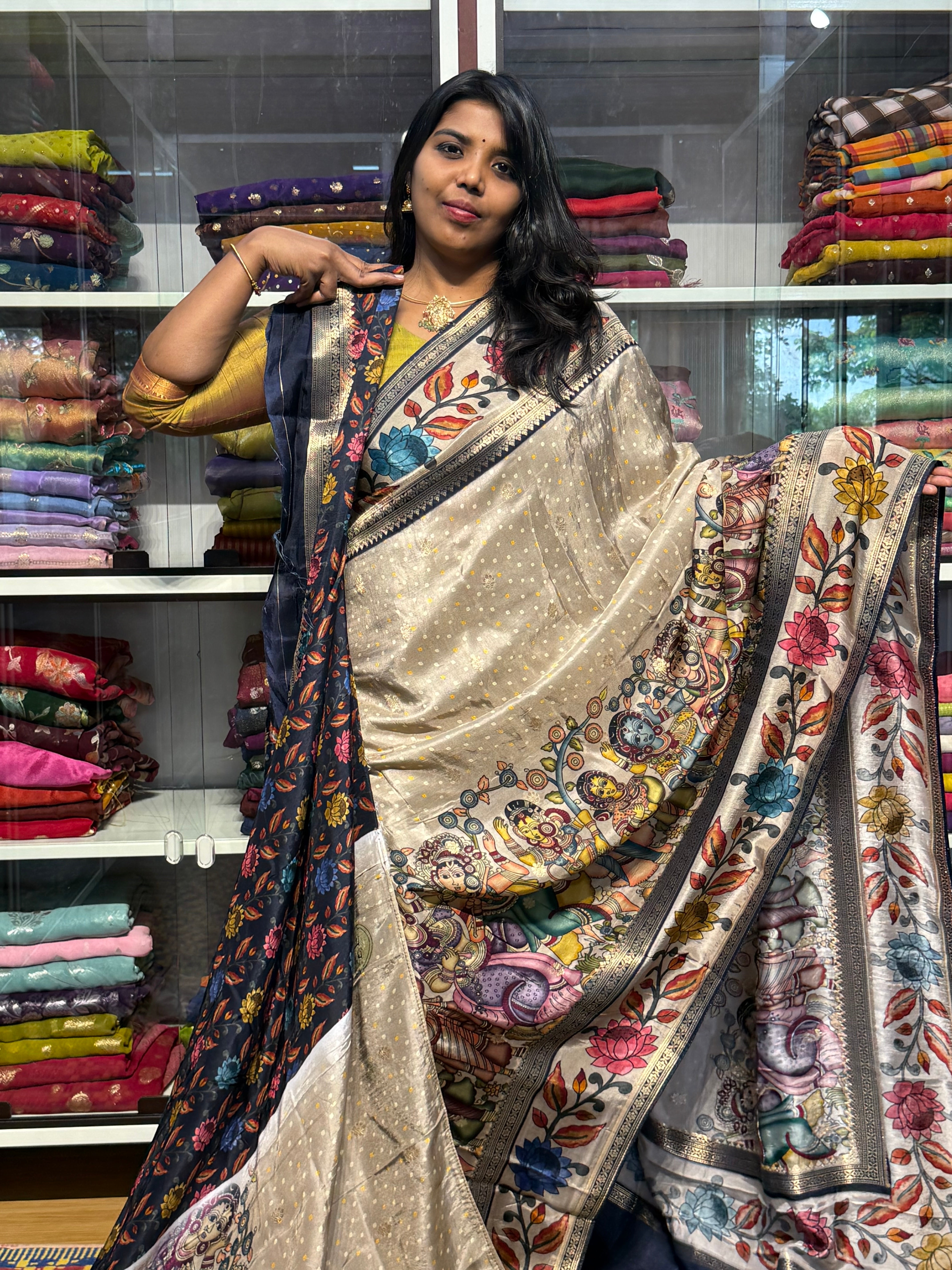PENKALAMKARI DIGITAL PRINT ON PRE MUNGA SILK SAREE: BEIGE