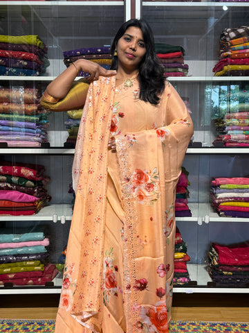 PURE SHIFFON GEORGETTE WITH HAND MIRROR WORK AND SCALLOP: PEACH