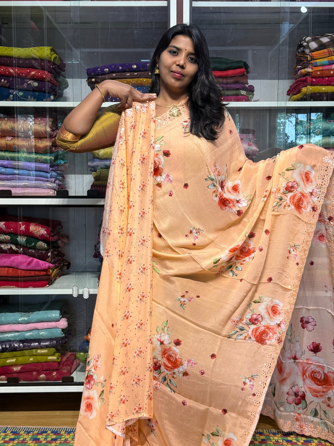 PURE SHIFFON GEORGETTE WITH HAND MIRROR WORK AND SCALLOP: PEACH