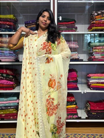 PURE CHIFFON GEORGETTE WITH HAND MIRROR SCALLOP WORK AND FLORAL DIGITAL PRINT: LEMON YELLOW