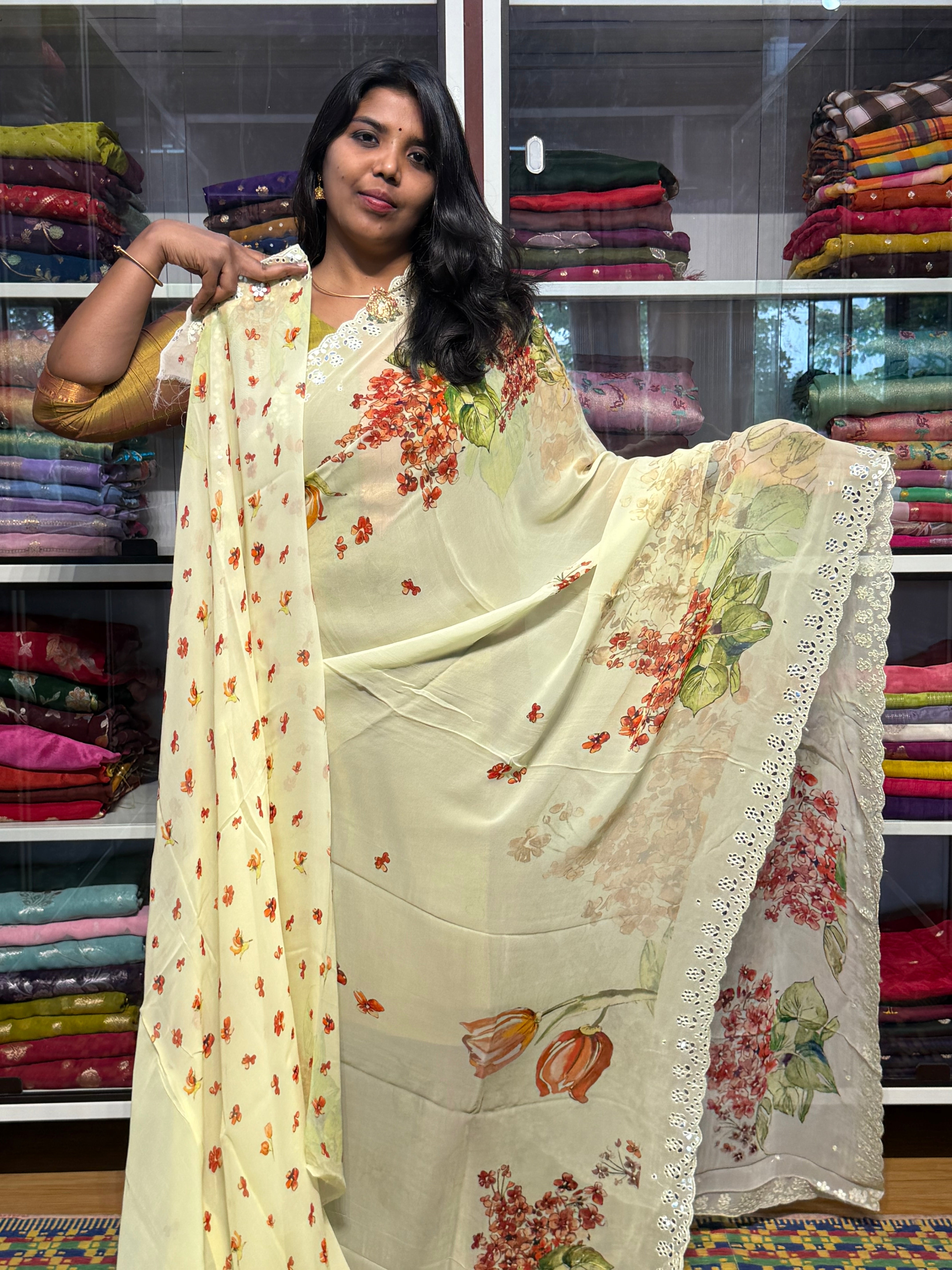 PURE CHIFFON GEORGETTE WITH HAND MIRROR SCALLOP WORK AND FLORAL DIGITAL PRINT: LEMON YELLOW