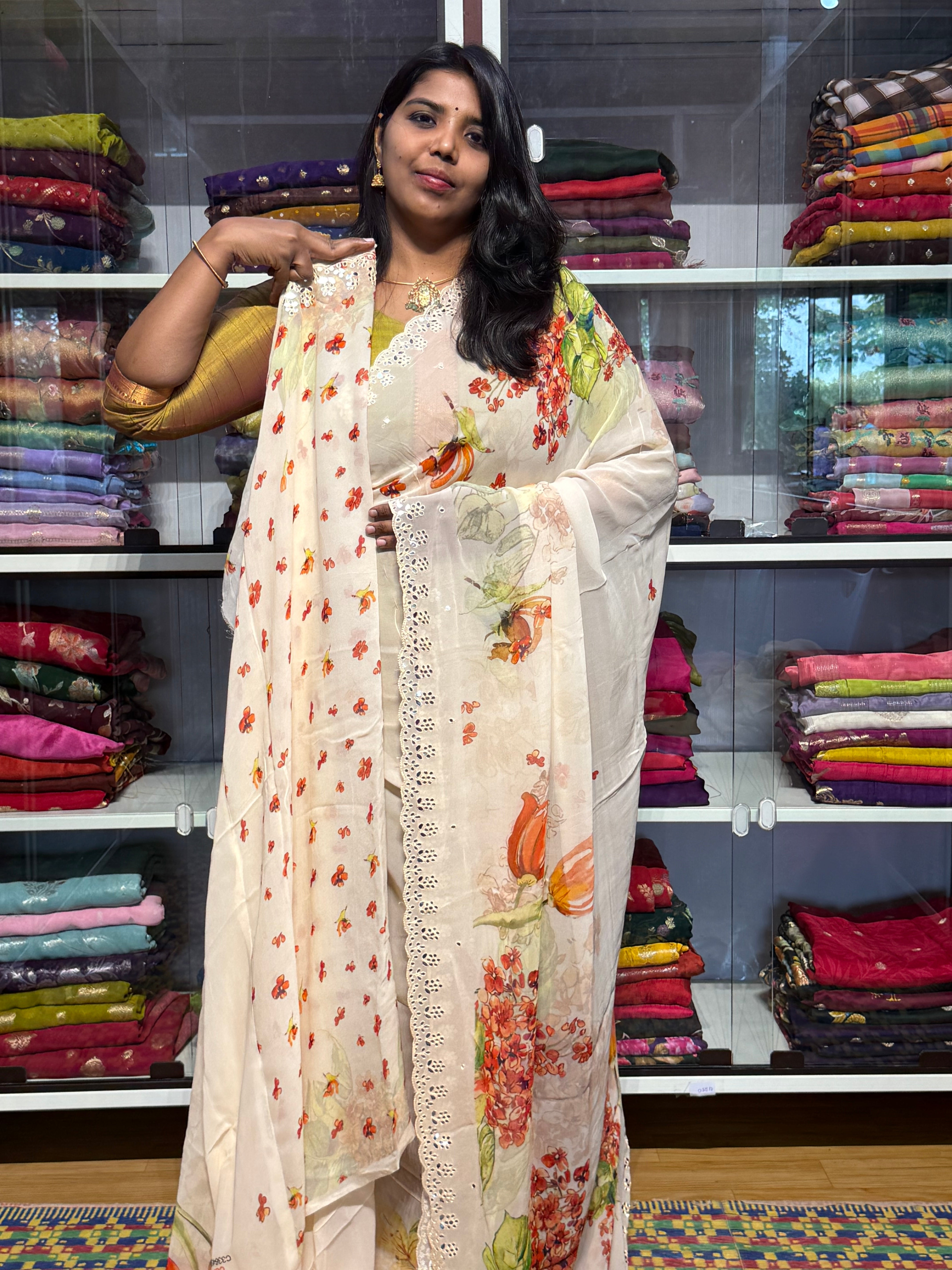 PURE CHIFFON GEORGETTE WITH HAND MIRROR SCALLOP WORK AND FLORAL DIGITAL PRINT: CREAM