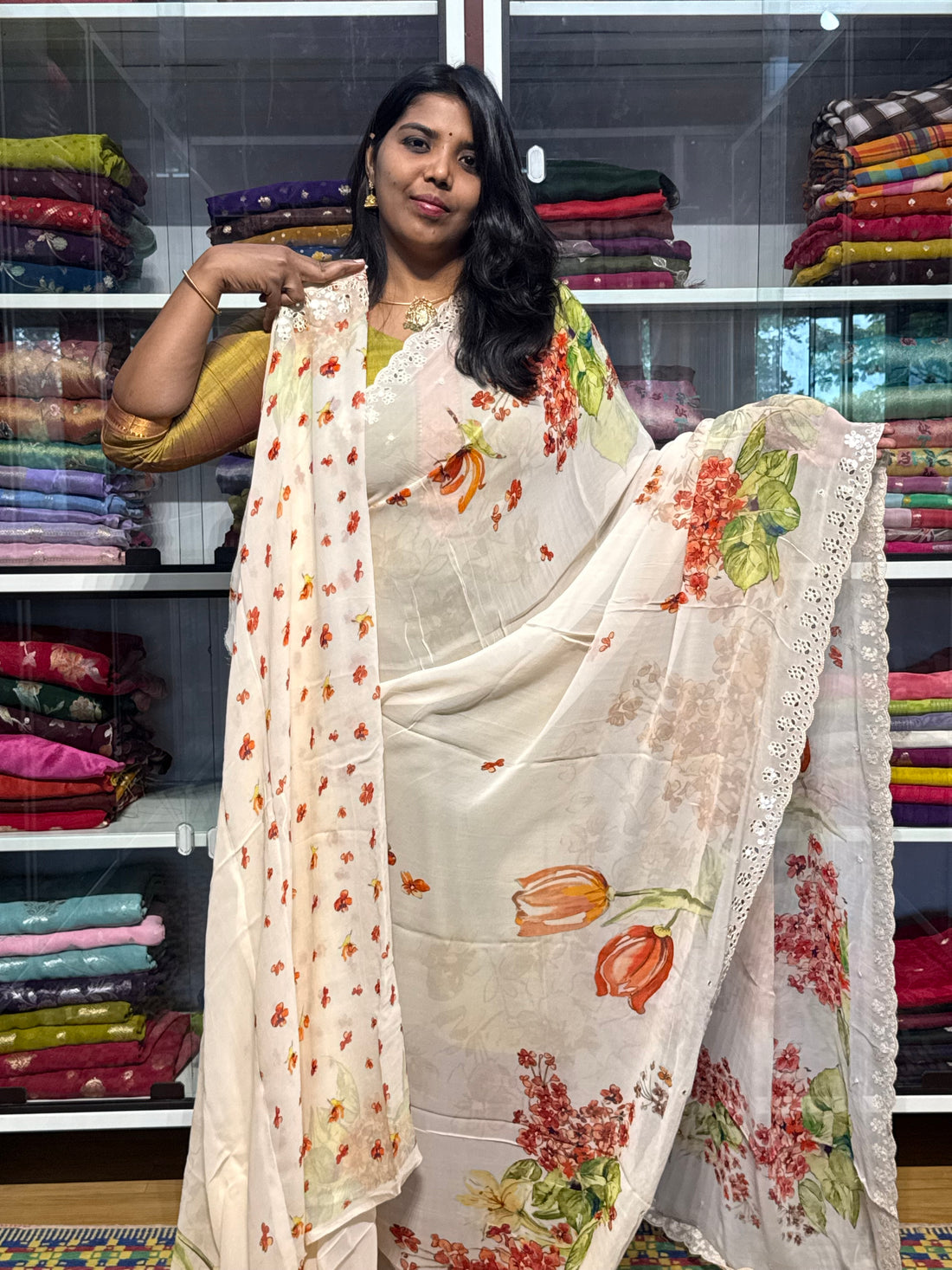 PURE CHIFFON GEORGETTE WITH HAND MIRROR SCALLOP WORK AND FLORAL DIGITAL PRINT: CREAM