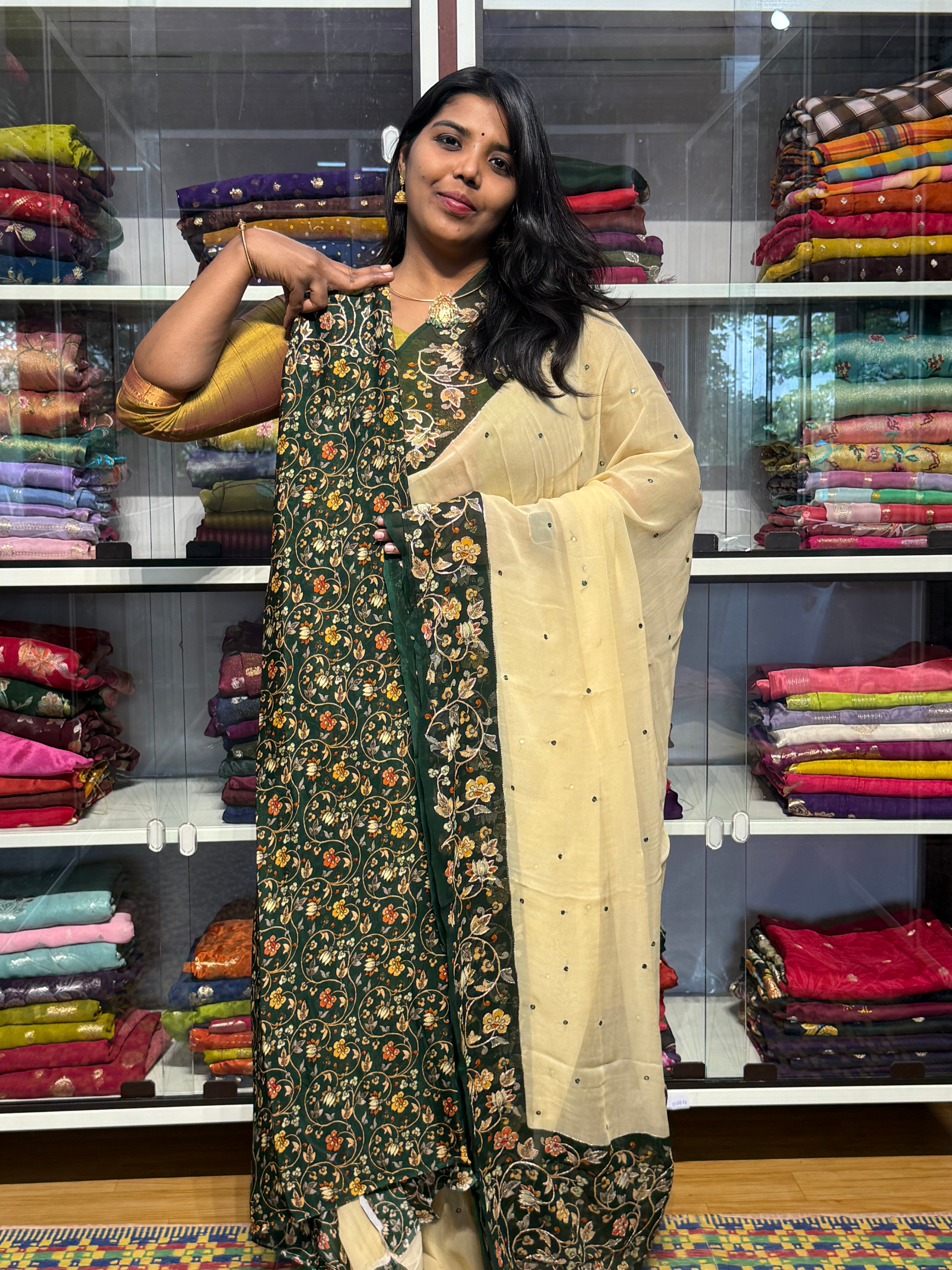 PURE CHIFFON GEORGETTE WITH HAND PEETA WORK ON BORDER: CREAM