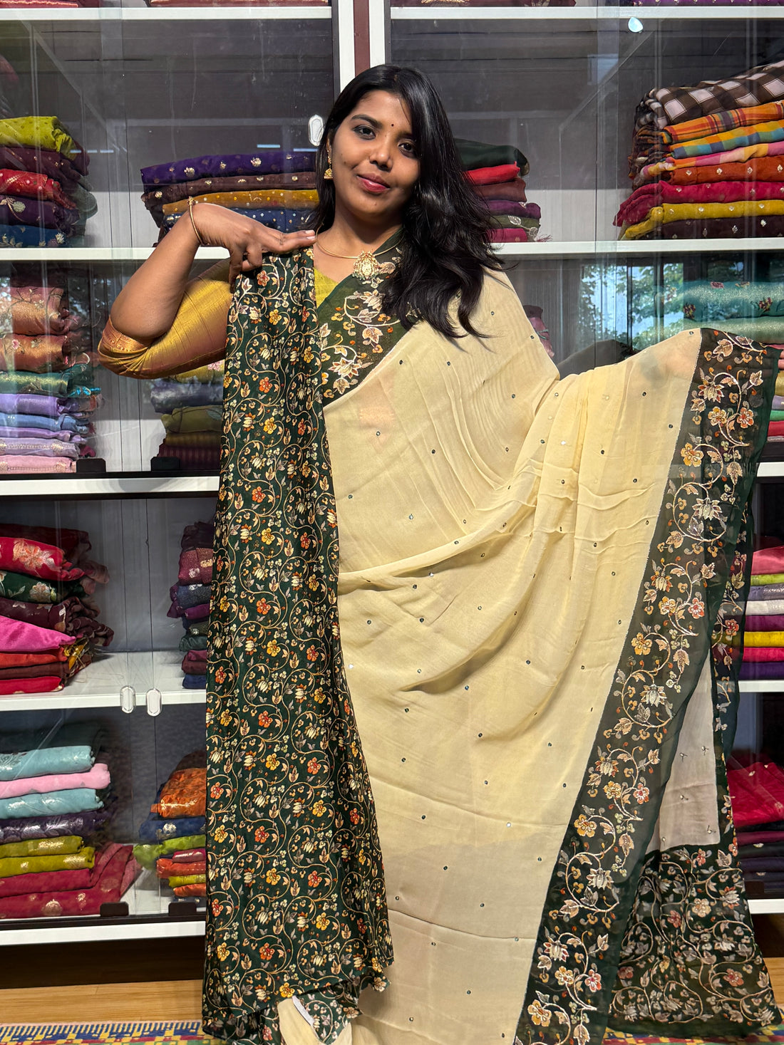PURE CHIFFON GEORGETTE WITH HAND PEETA WORK ON BORDER: CREAM