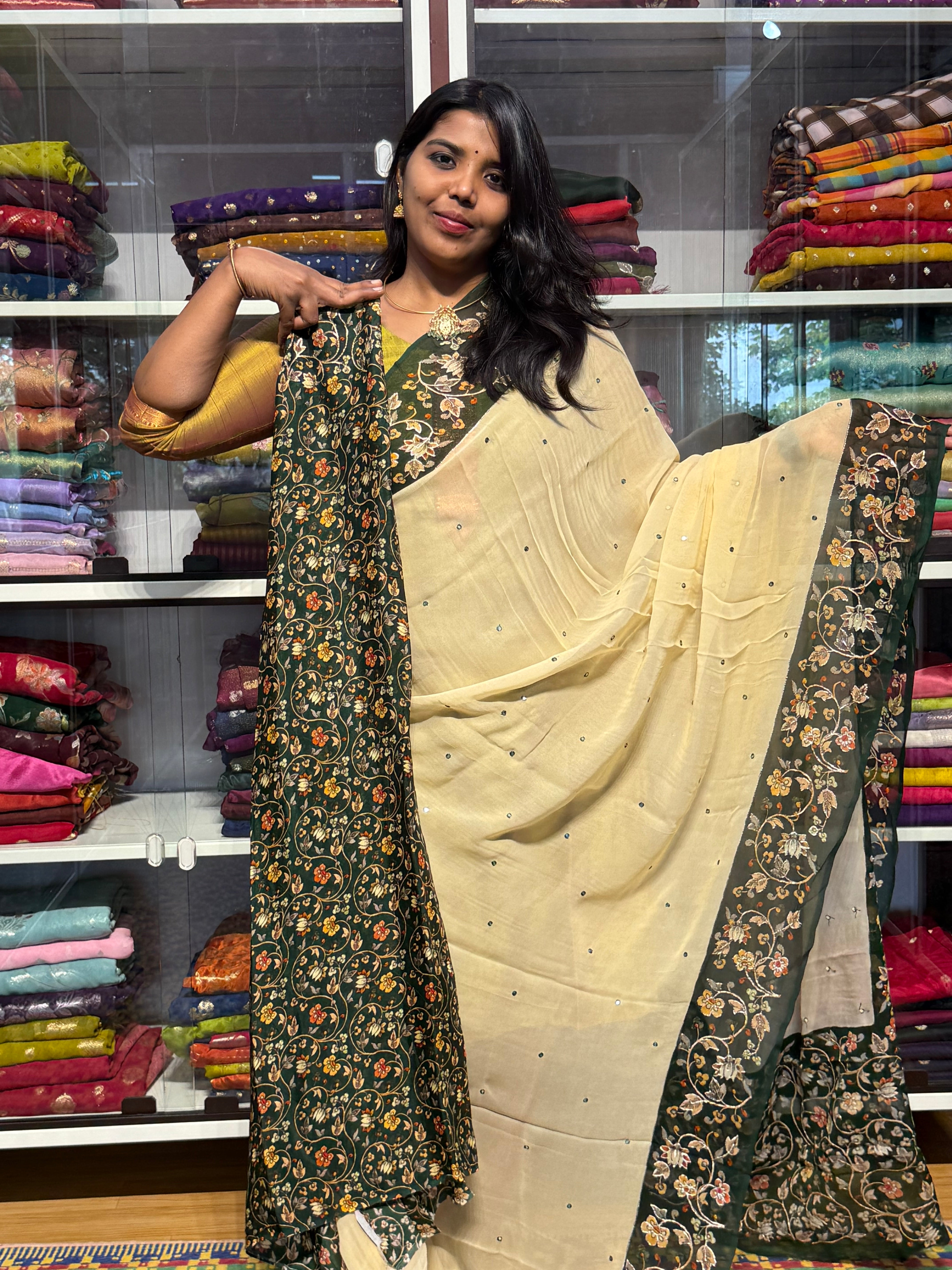 PURE CHIFFON GEORGETTE WITH HAND PEETA WORK ON BORDER: CREAM