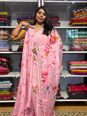 PURE CHIFFON GEORGETTE WITH HAND PEARL WORK AND FLORAL DIGITAL PRINT: BABY PINK