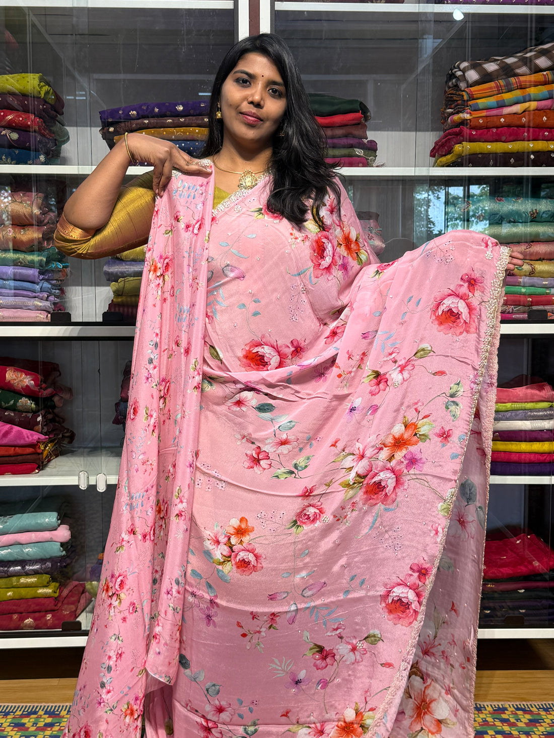 PURE CHIFFON GEORGETTE WITH HAND PEARL WORK AND FLORAL DIGITAL PRINT: BABY PINK
