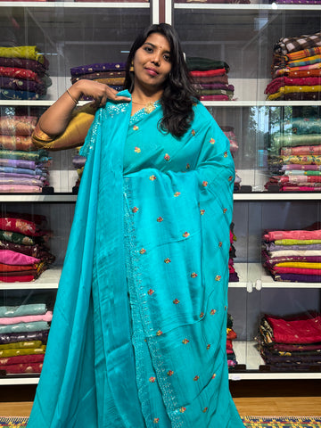 BLENDED ORGANZA SAREE WITH SCALLOP MIRROR WORK: SEA BLUE