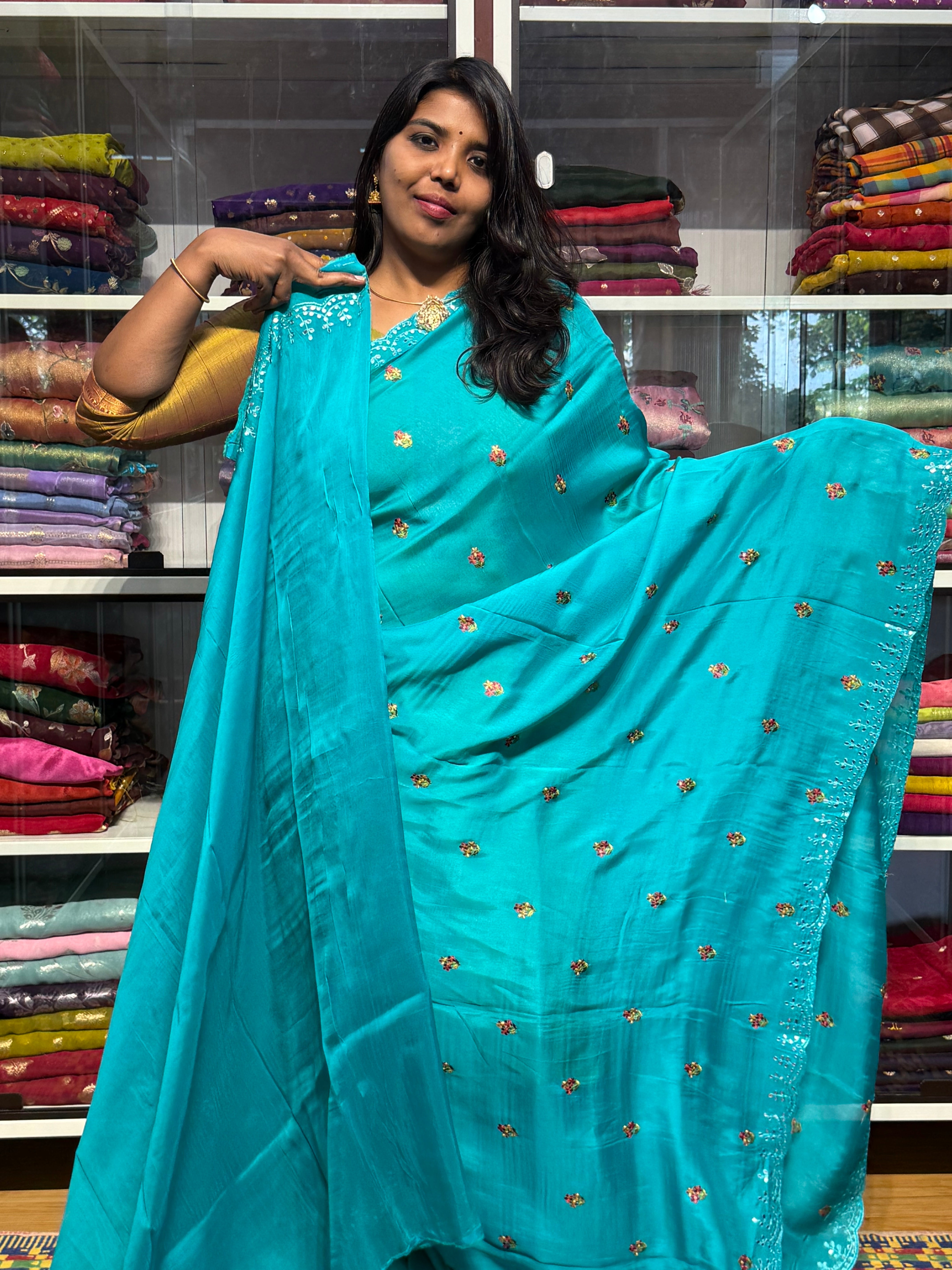 BLENDED ORGANZA SAREE WITH SCALLOP MIRROR WORK: SEA BLUE