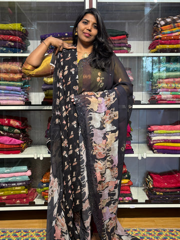 PURE CHIFFON GEORGETTE WITH PICHWAI PRINT AND HAND MIRROR WORK: BLACK