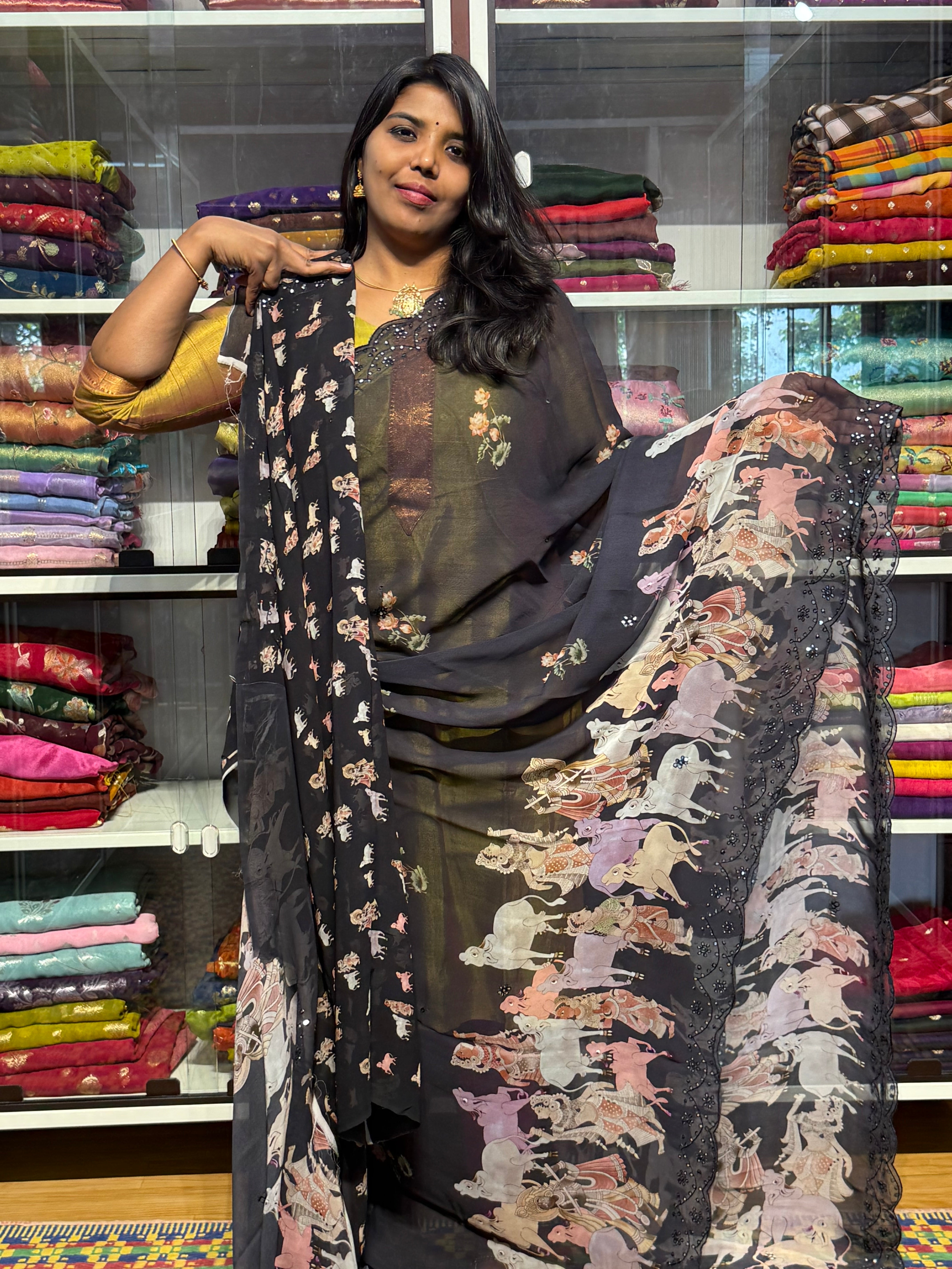 PURE CHIFFON GEORGETTE WITH PICHWAI PRINT AND HAND MIRROR WORK: BLACK