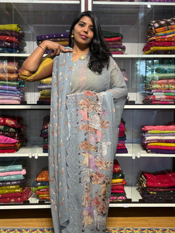 PURE CHIFFON GEORGETTE WITH PICHWAI PRINT AND HAND MIRROR WORK: GREY