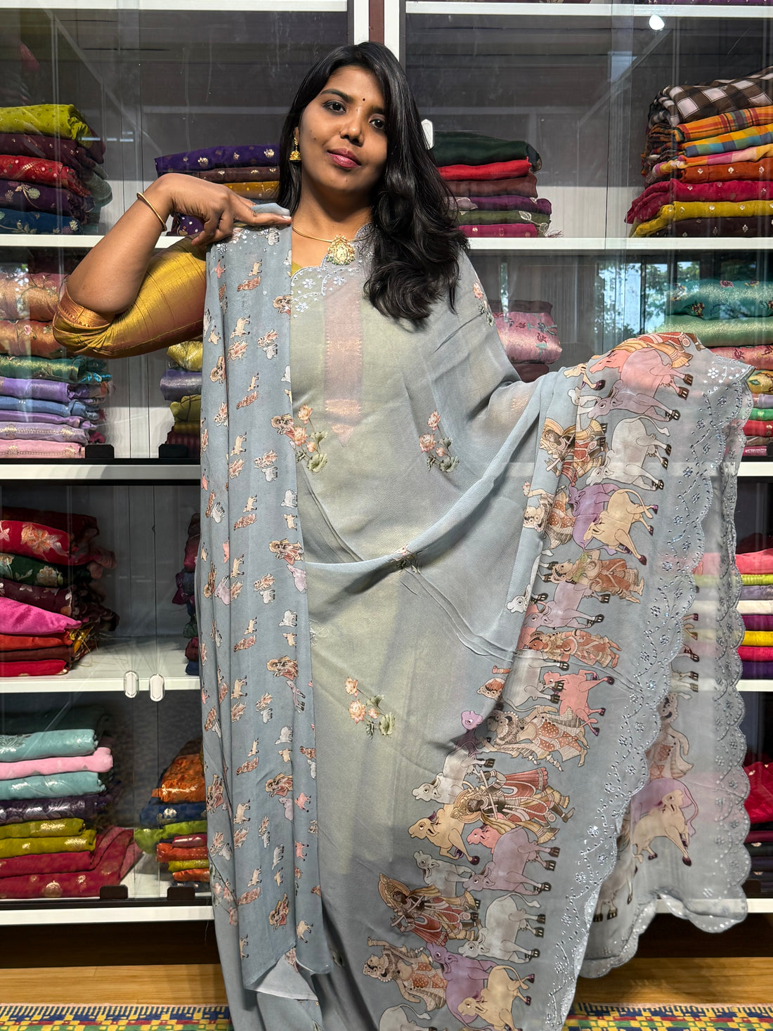 PURE CHIFFON GEORGETTE WITH PICHWAI PRINT AND HAND MIRROR WORK: GREY