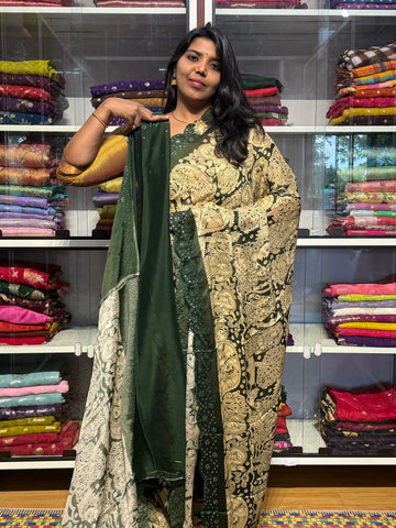 PURE CHIFFON GEORGETTE WITH PENKALAMKARI PRINT AND HAND MIRROR WORK: GREEN