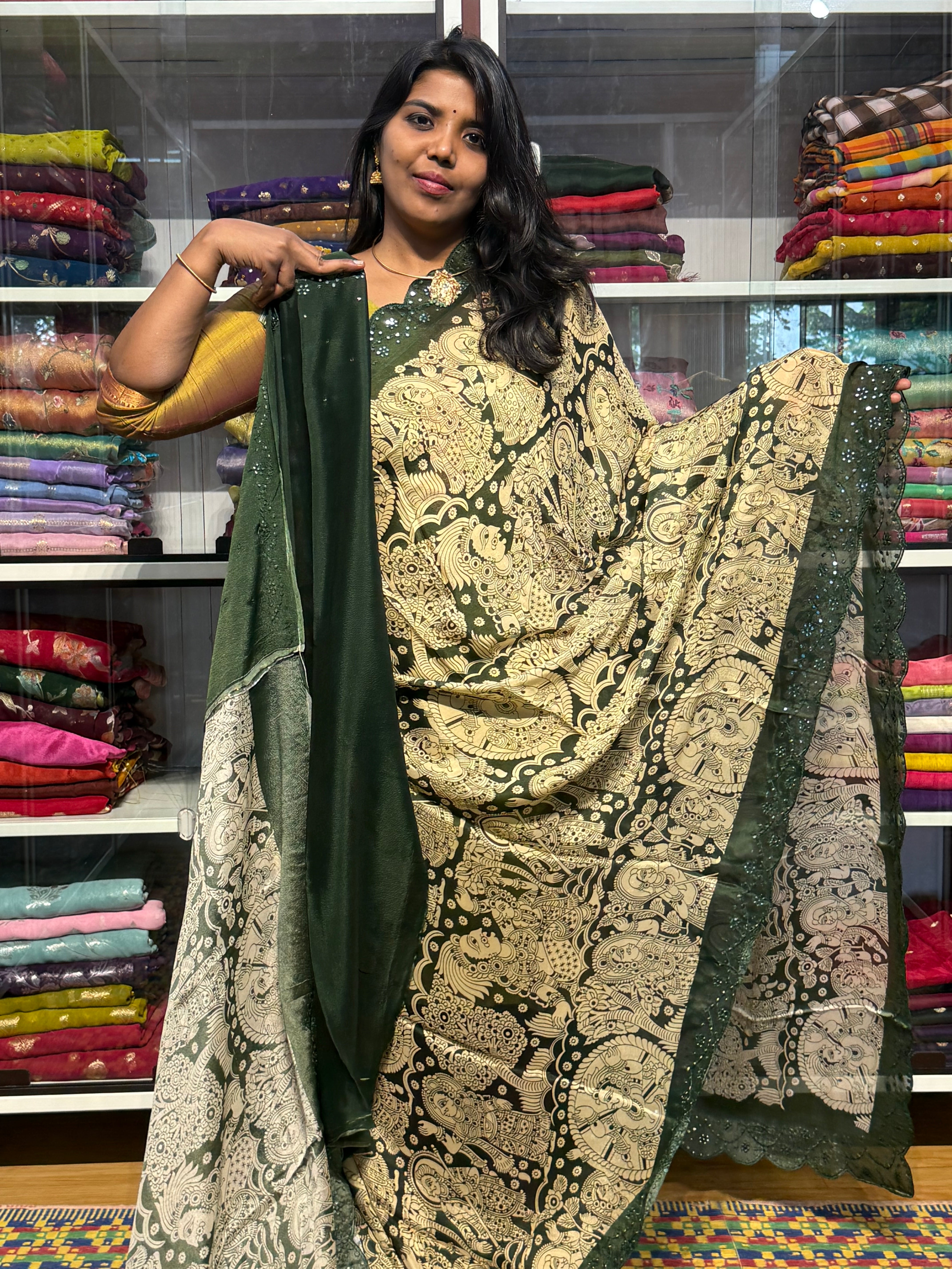 PURE CHIFFON GEORGETTE WITH PENKALAMKARI PRINT AND HAND MIRROR WORK: GREEN