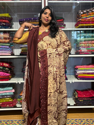 PURE CHIFFON GEORGETTE WITH PENKALAMKARI PRINT AND HAND MIRROR WORK: BROWN