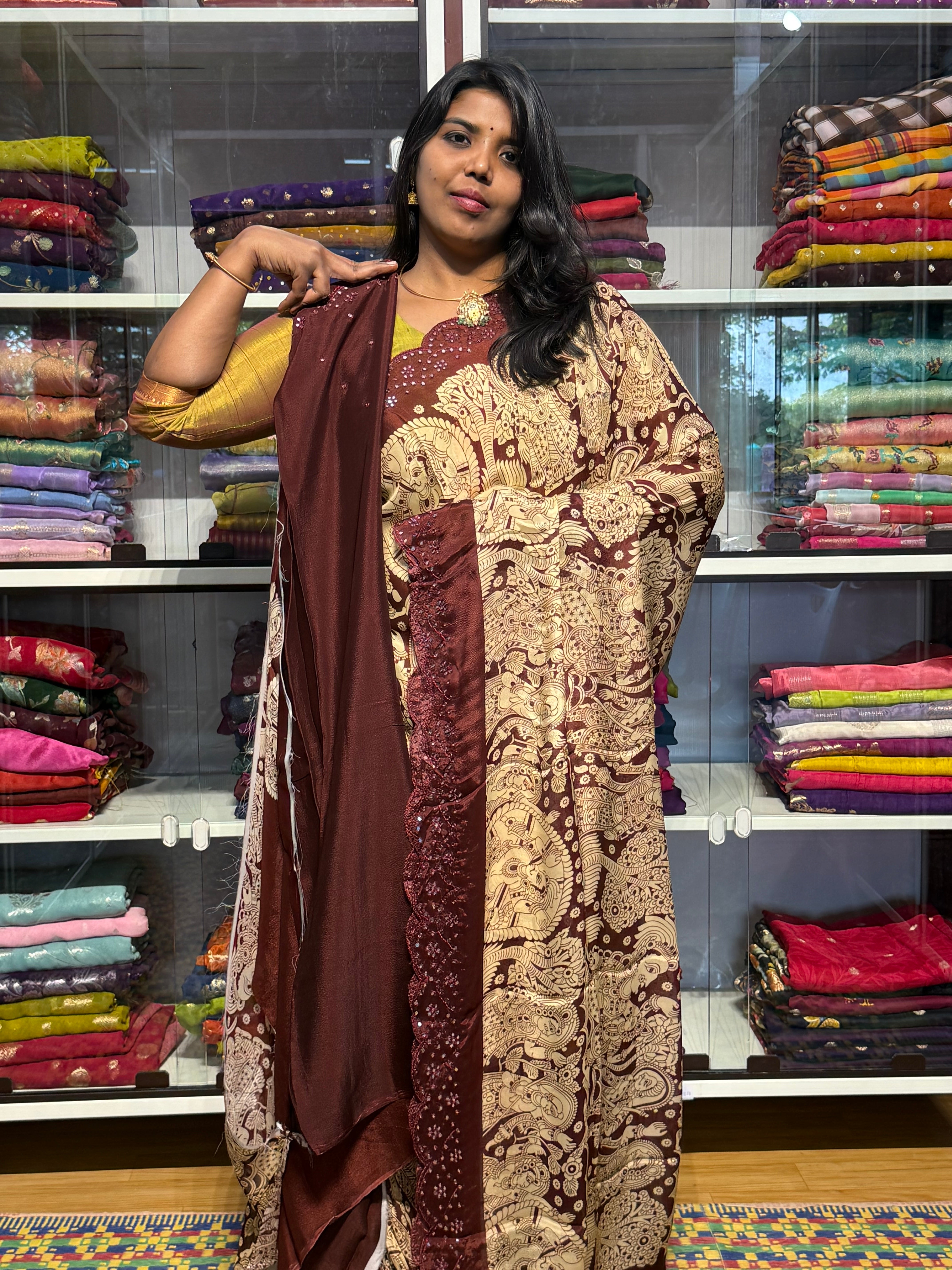 PURE CHIFFON GEORGETTE WITH PENKALAMKARI PRINT AND HAND MIRROR WORK: BROWN