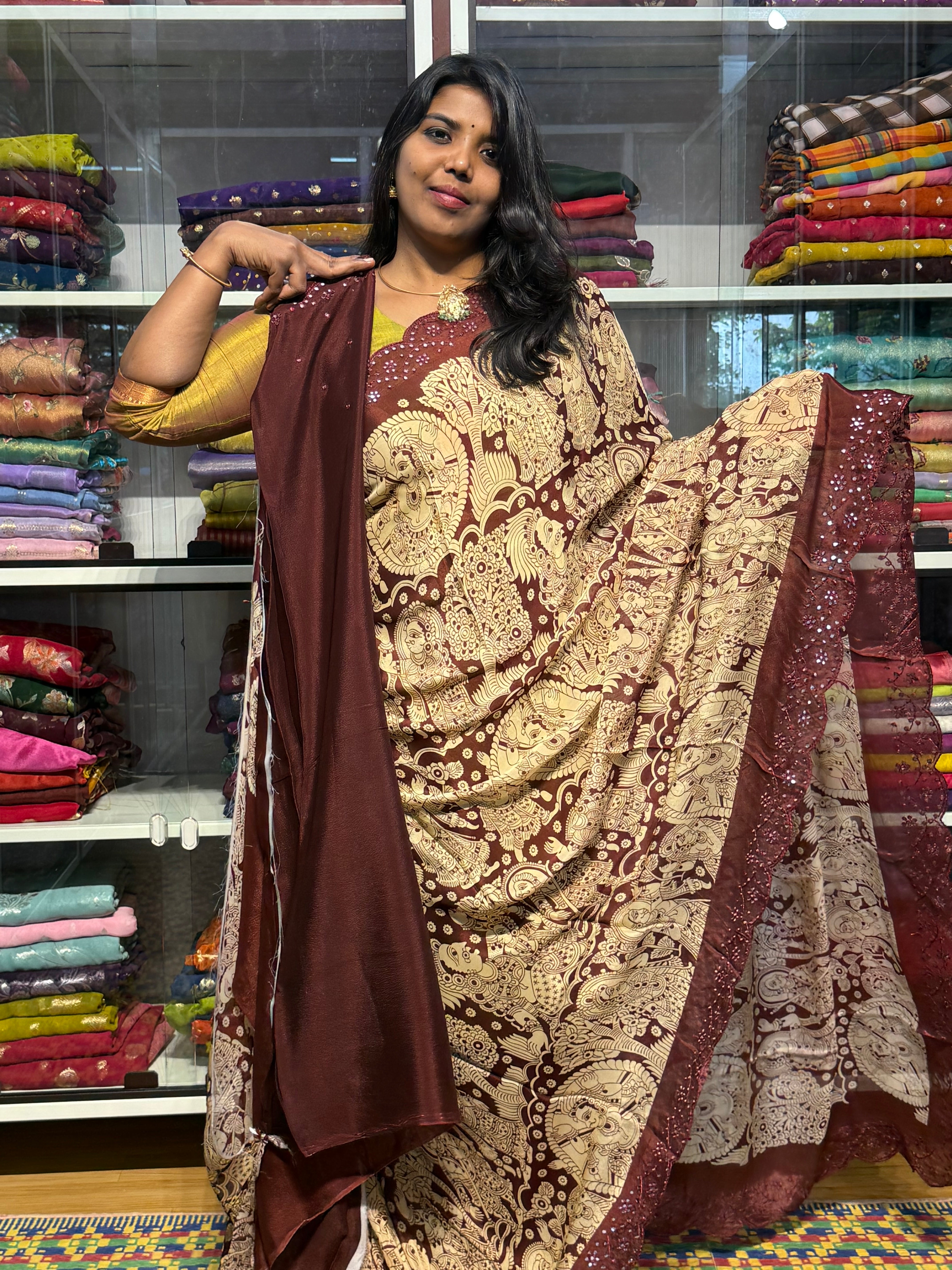 PURE CHIFFON GEORGETTE WITH PENKALAMKARI PRINT AND HAND MIRROR WORK: BROWN