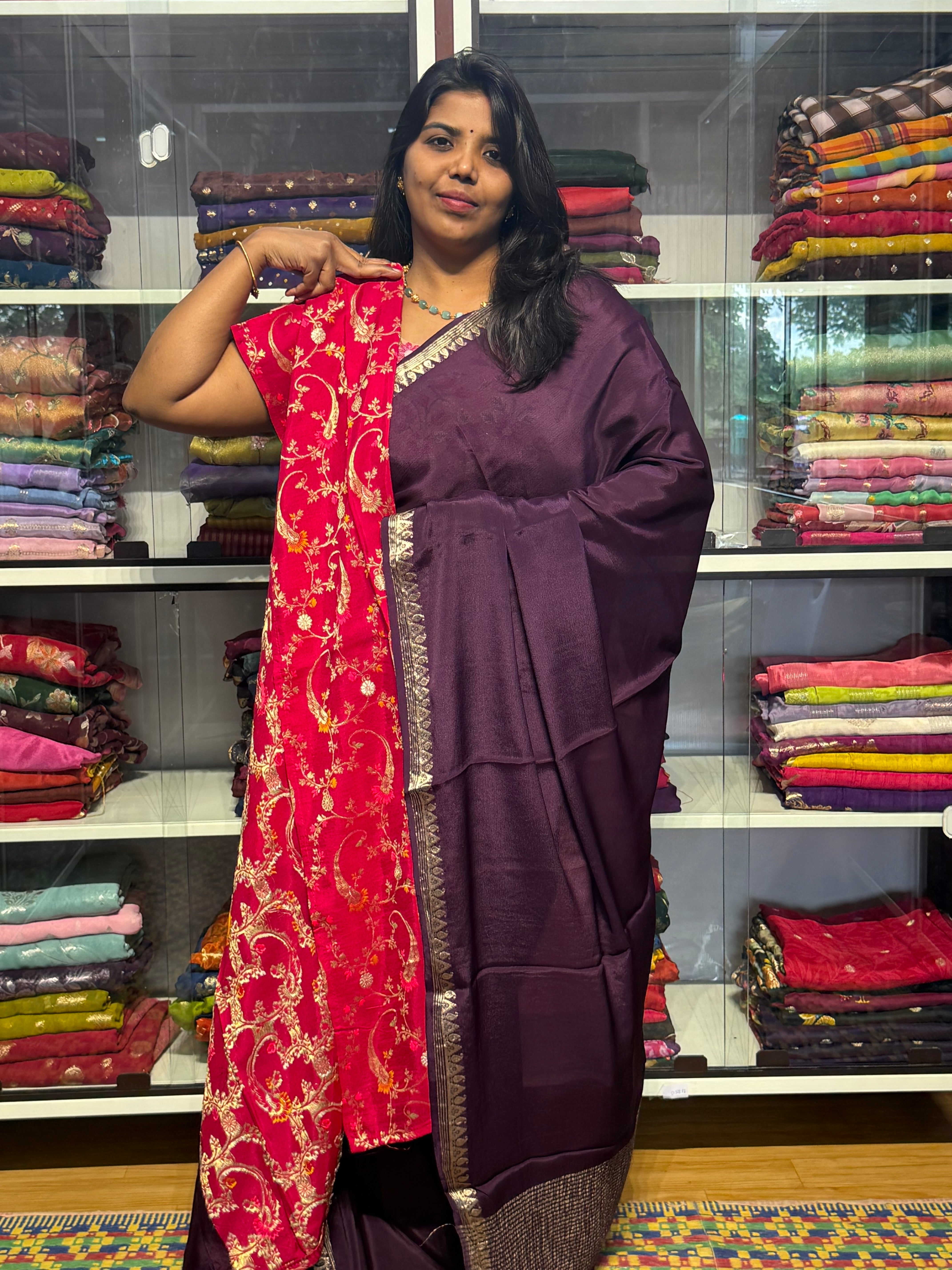 CHIFFON SILK SAREE WITH SMALL BORDER: WINE