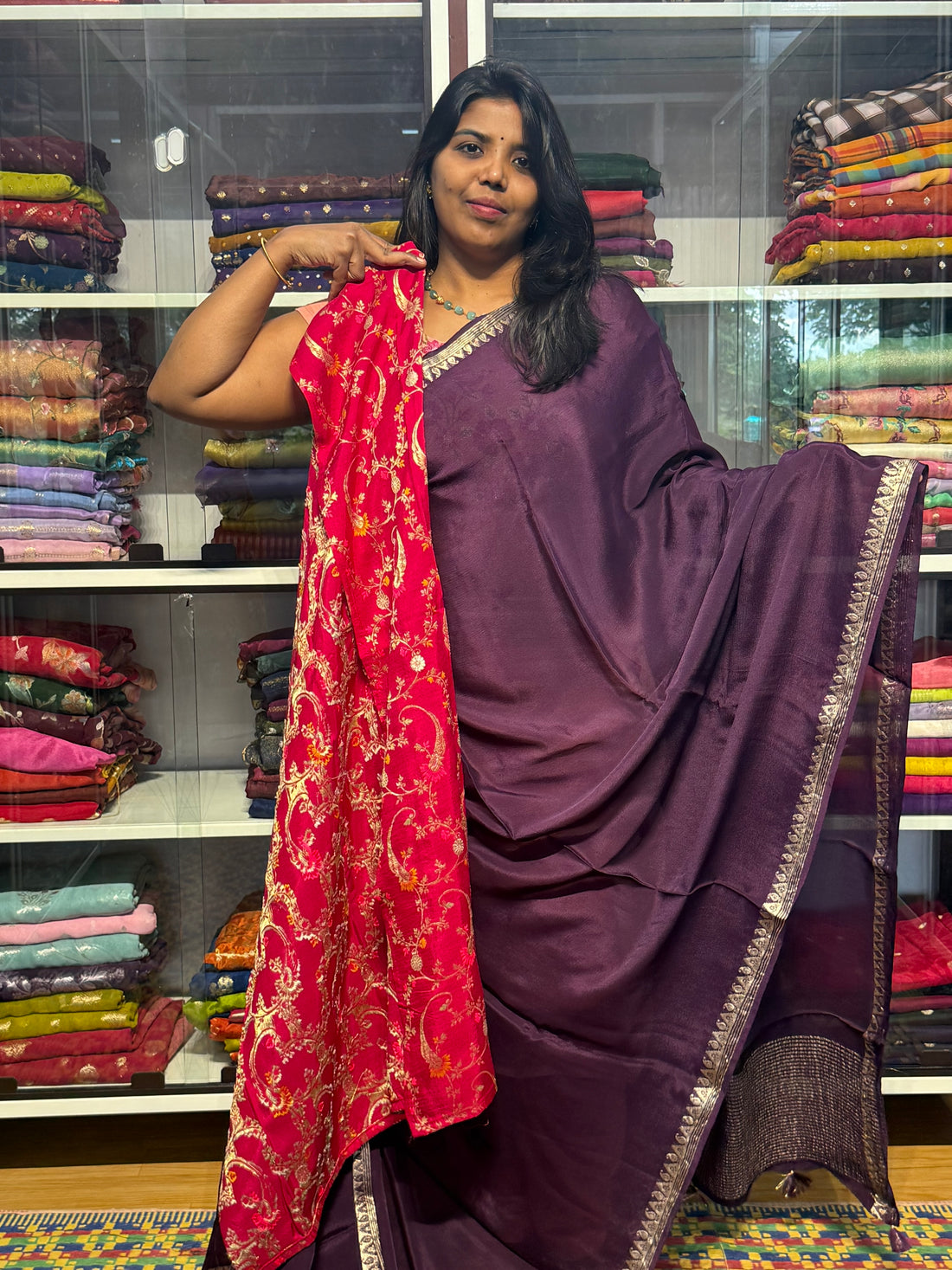 CHIFFON SILK SAREE WITH SMALL BORDER: WINE