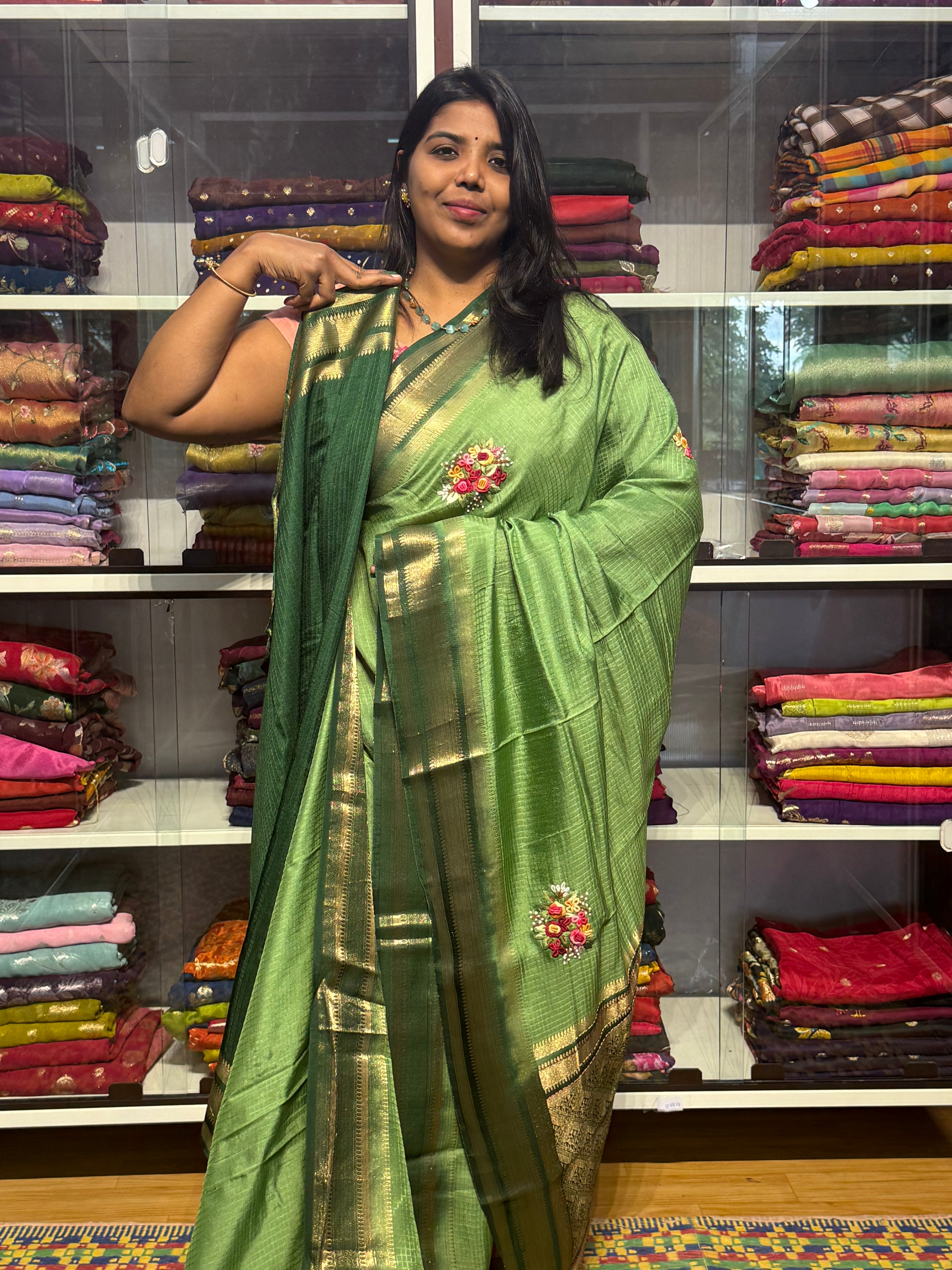 MYSORE SILK SAREE WITH HAND KANTHA WORK BUNCHES: PASTEL GREEN