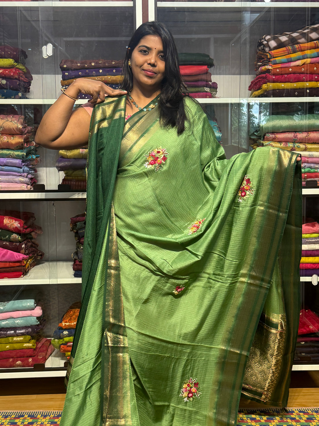 MYSORE SILK SAREE WITH HAND KANTHA WORK BUNCHES: PASTEL GREEN