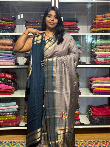 MYSORE SILK SAREE WITH HAND KANTHA WORK FLORAL BUNCHES: GREY
