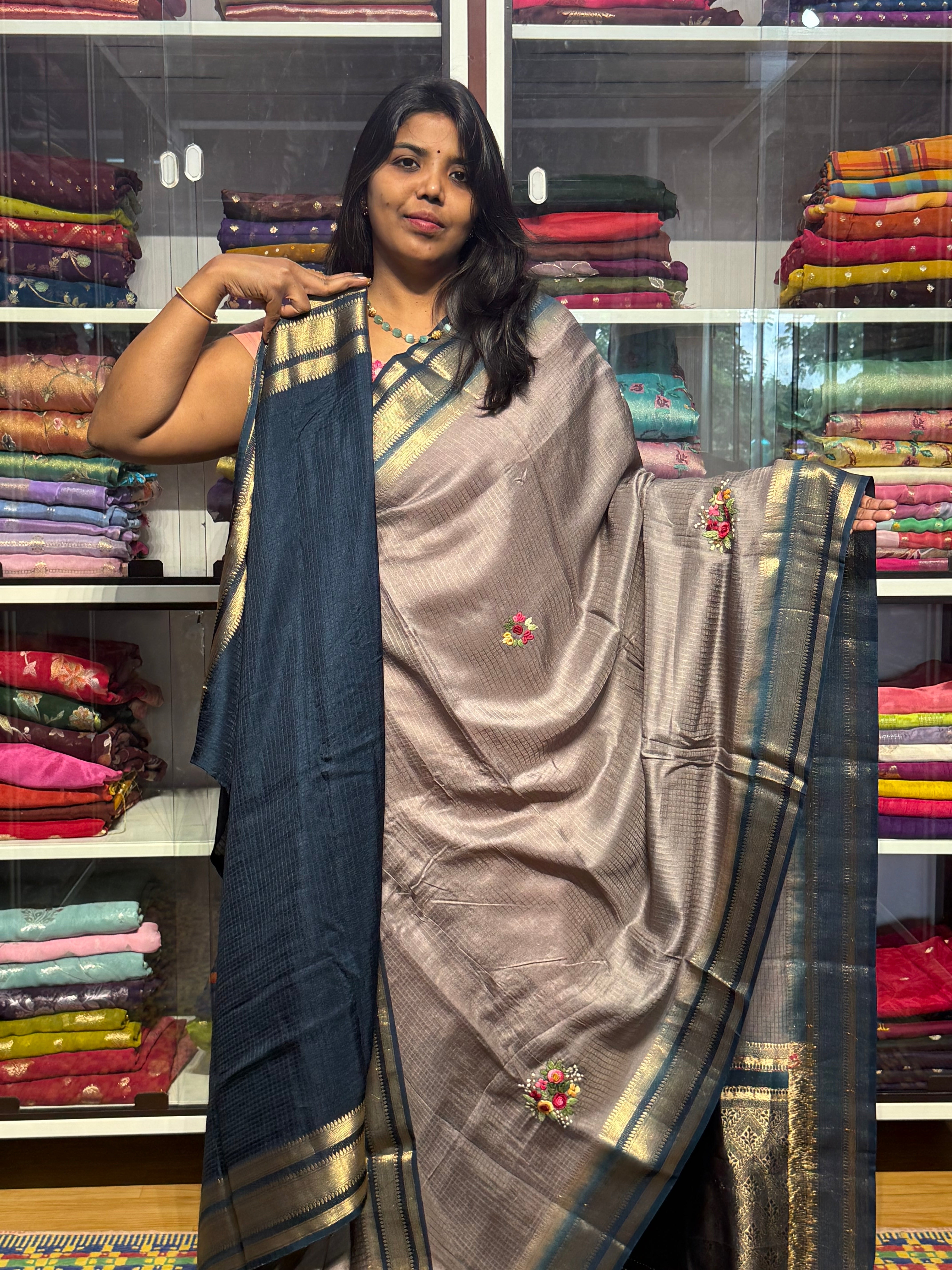 MYSORE SILK SAREE WITH HAND KANTHA WORK FLORAL BUNCHES: GREY