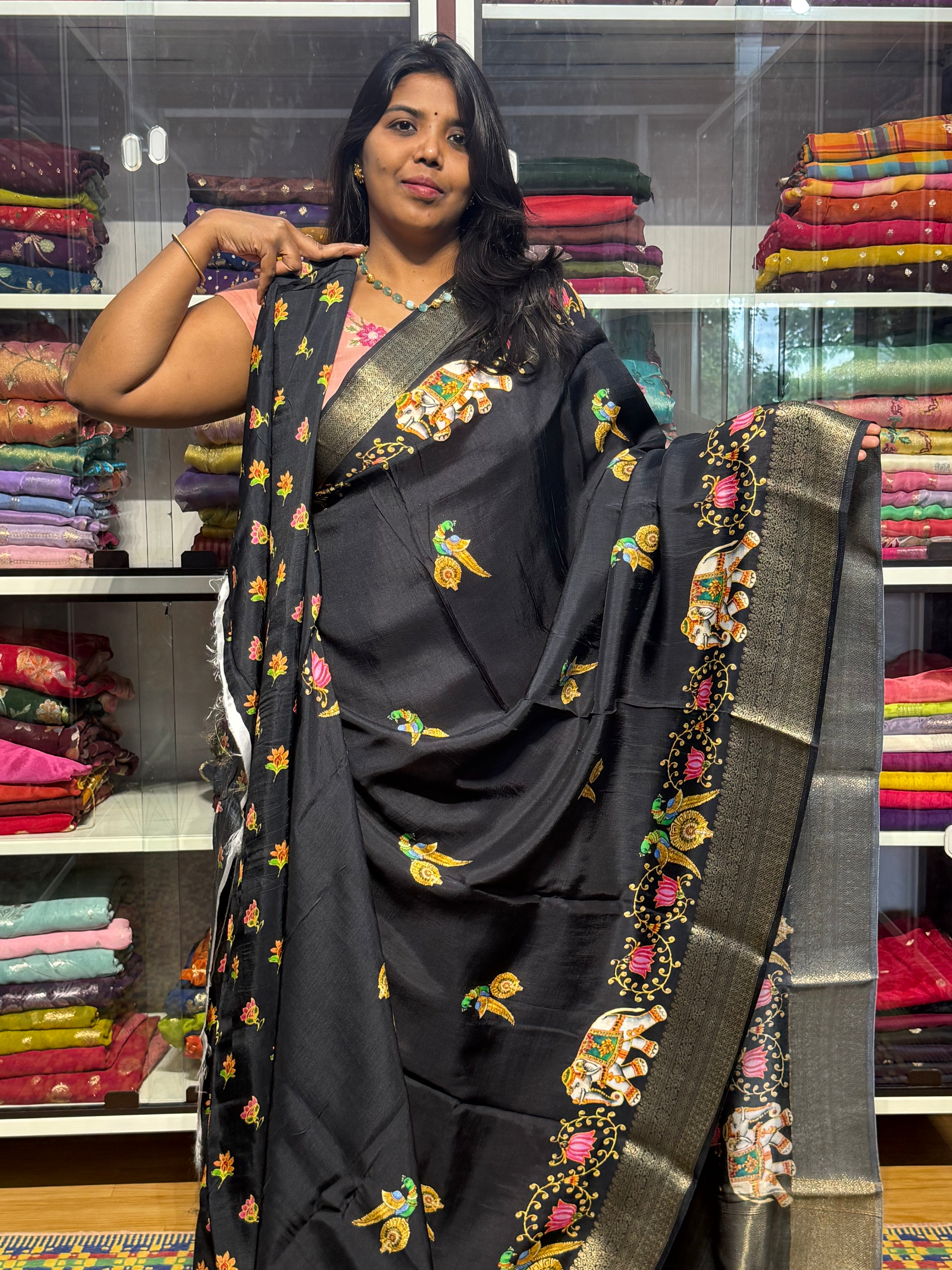 RUSSIAN CREPE SAREE WITH TANJAORE DIGITAL PRINT
