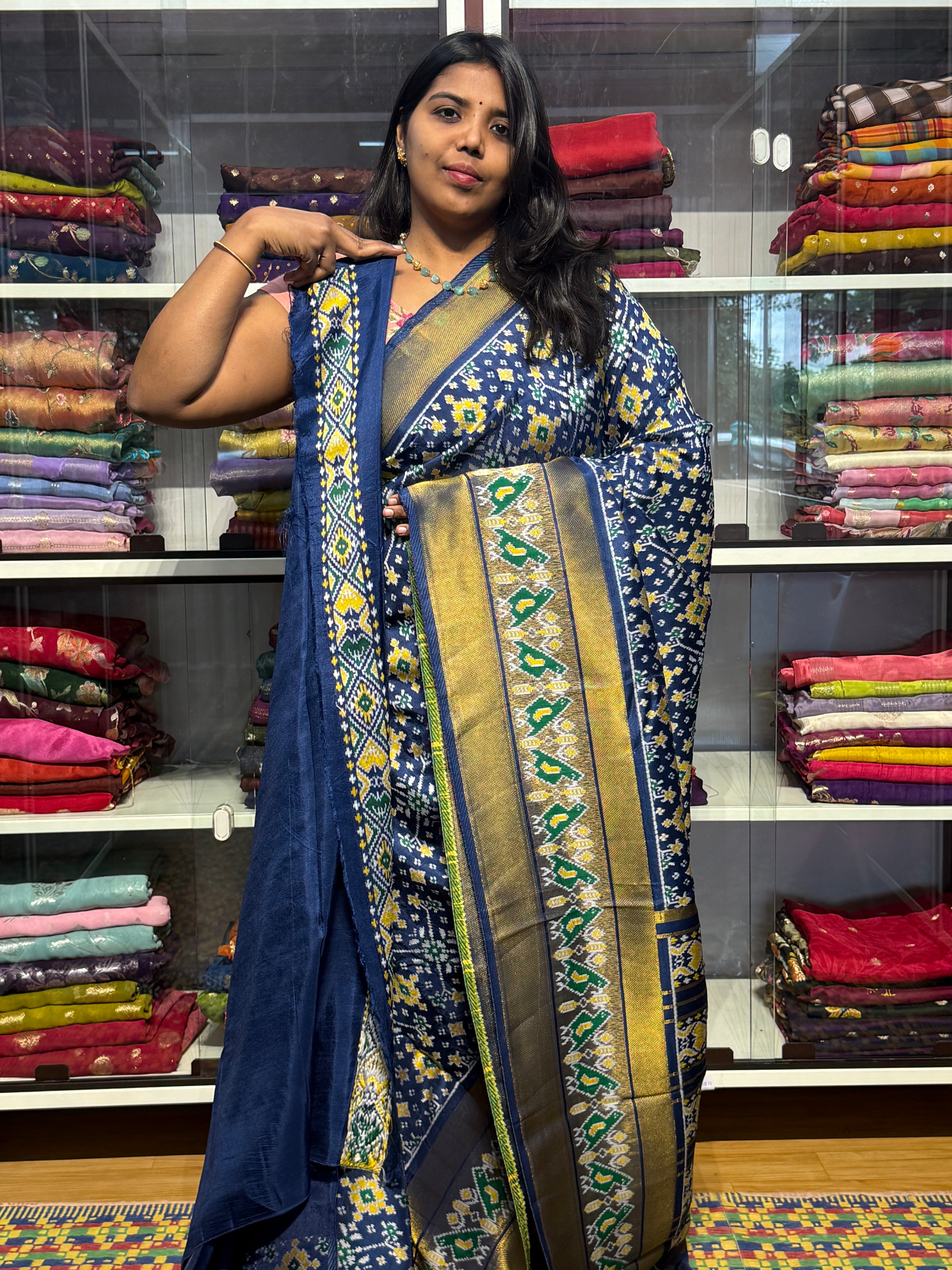 IKKAT PATOLA WEAVING MUNGA SILK WITH BIG BORDER: GERMAN BLUE