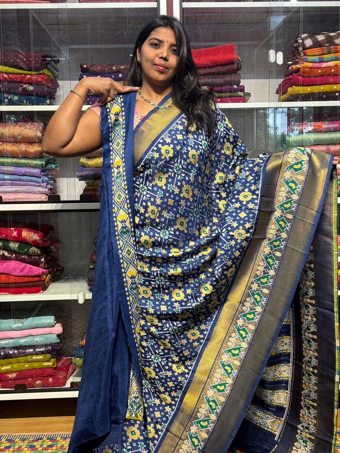 IKKAT PATOLA WEAVING MUNGA SILK WITH BIG BORDER: GERMAN BLUE
