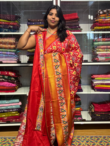 IKKAT PATOLA WEAVING MUNGA SILK WITH BIG BORDER: RED